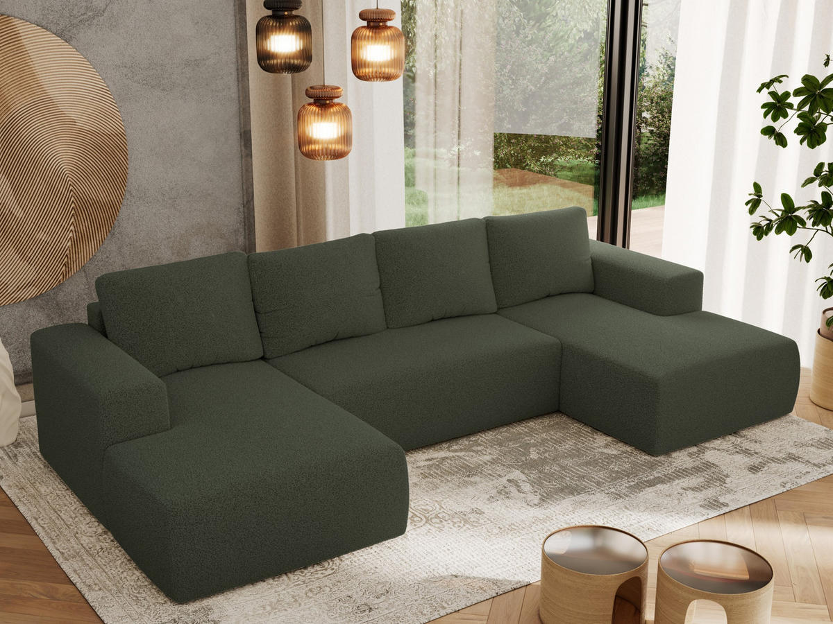 WOHNLANDSCHAFT TRENTINO U Grün Boucle - Grün, Textil (334/91/163cm) - MKS