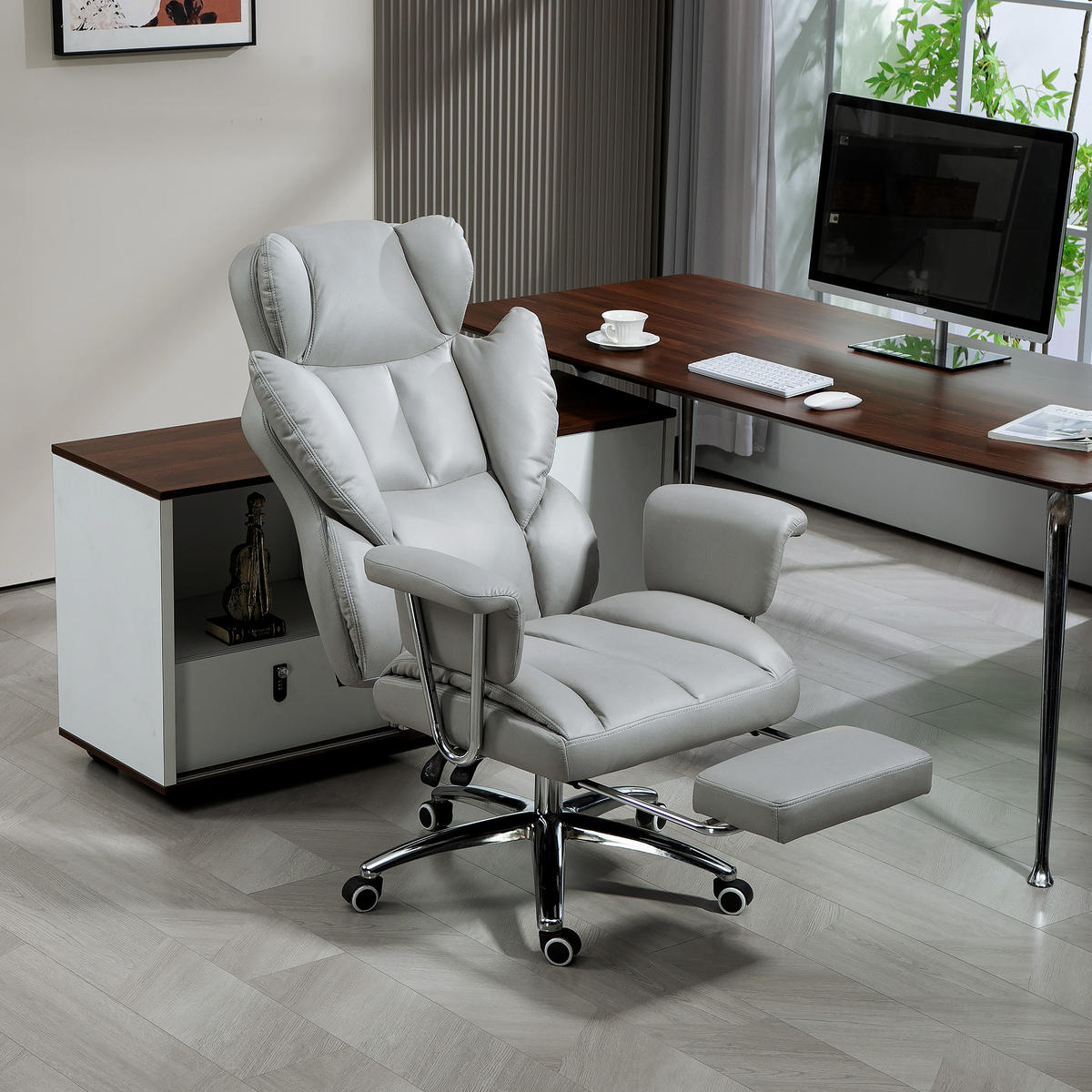 BÜROSTUHL mit Liegefunktion, ergonomisch Schreibtischstuhl, Drehstuhl Hellgrau - Chromfarben/Hellgrau, Textil/Metall (65/128/74cm) - HOMCOM