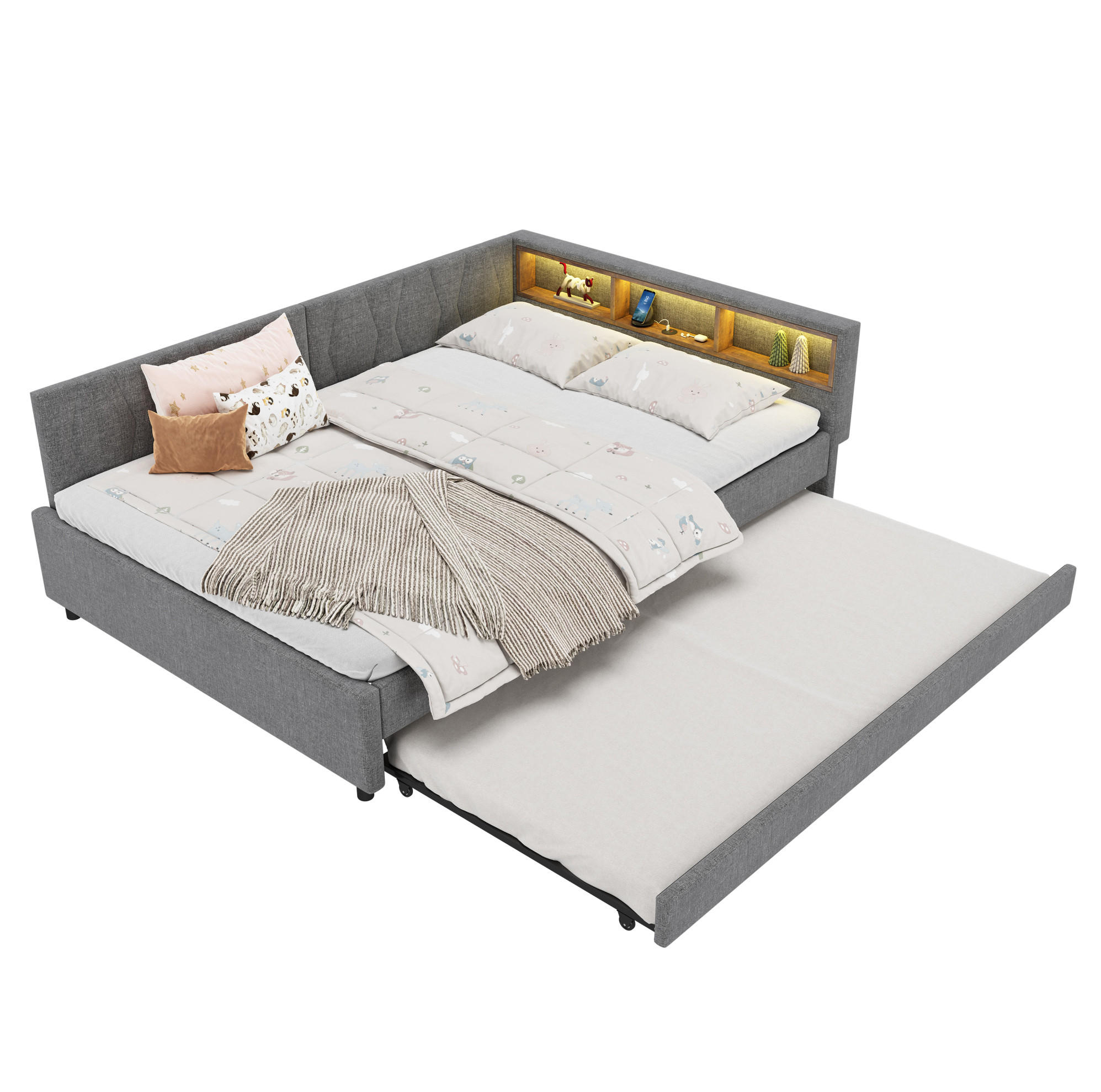 POLSTERBETT 140/200 cm mit LED-Beleuchtung, USB-C und ausziehbarem Gästebett - Grau, Textil (140/200cm) - BEAOK