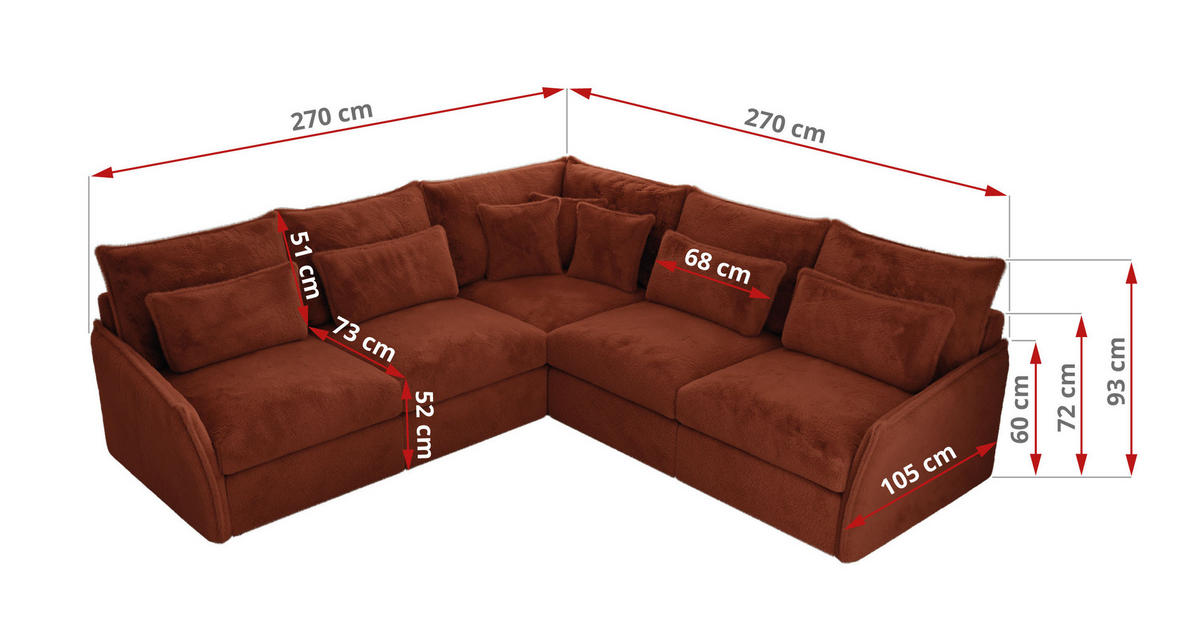 ECKSOFA VERSO L Orange Plüsch - Schwarz/Orange, Kunststoff/Textil (270/270cm) - MKS