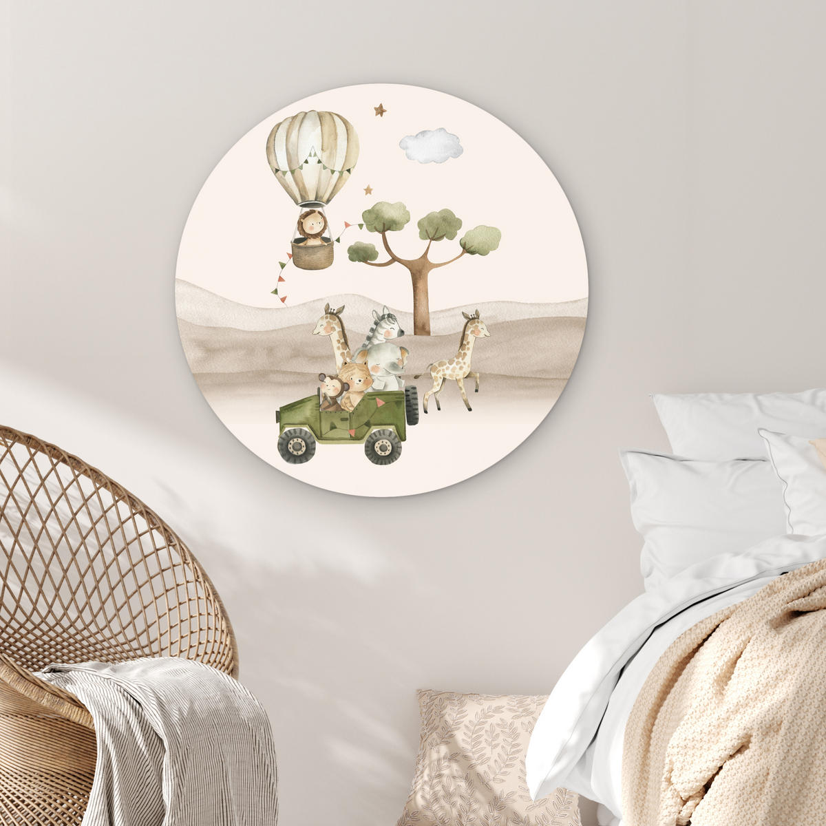 WANDBILD Wilde Tiere - Safari - Aquarell - Heißluftballon 90x90 cm - Beige, Kunststoff (90/90cm) - MuchoWow