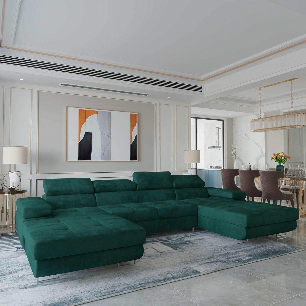 WOHNLANDSCHAFT LYKKE Grün Velours-Stoff mit Schlaffunktion - Grün, Holz (353/90/202cm) - MASSENO