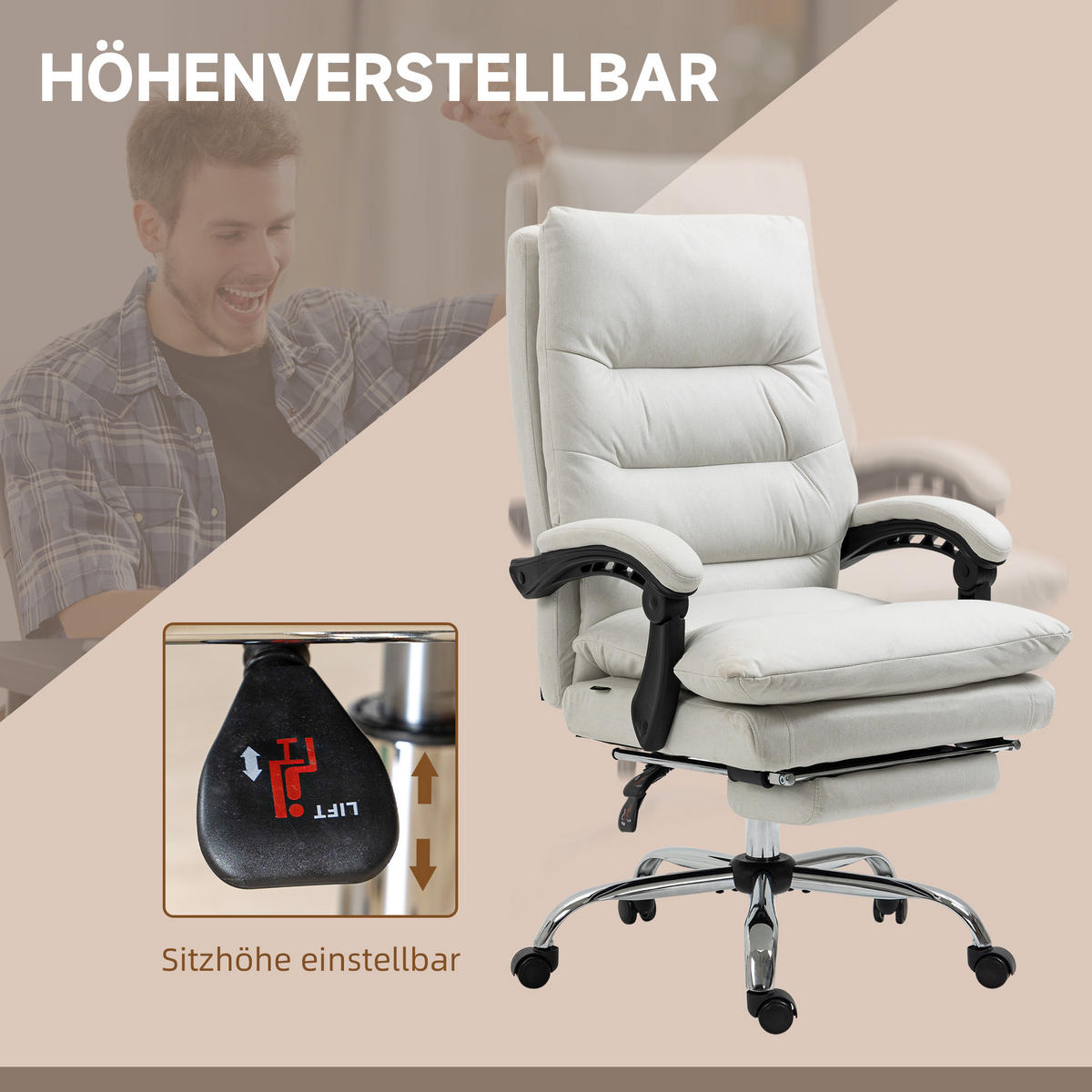 BÜROSTUHL mit Massagefunktion, Creme - Weiß, Kunststoff (72/117/65cm) - Vinsetto