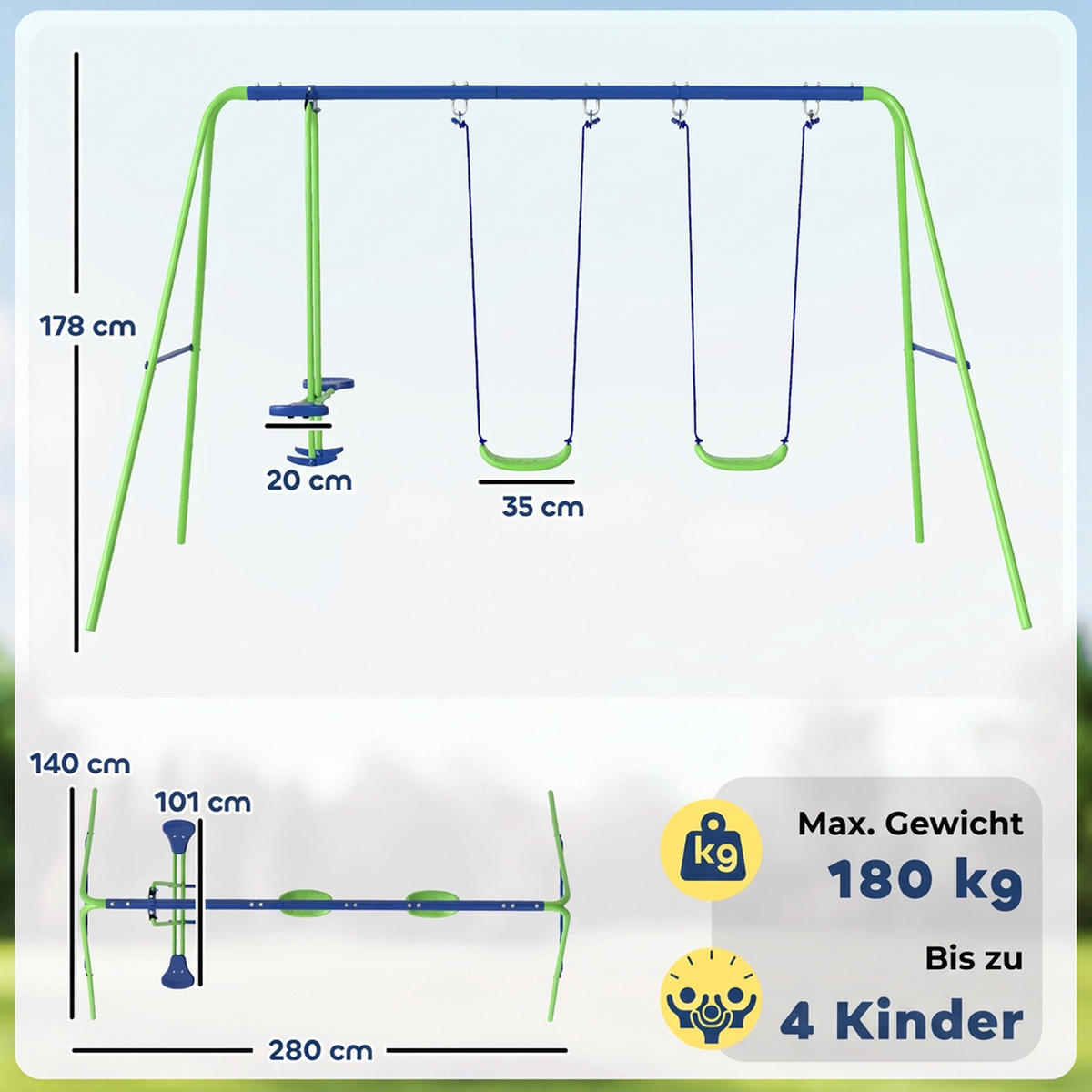 SCHAUKELGESTELL, Outdoor-Schaukelgerüst mit 2 Schaukeln, 1 Wippe, Grün - Grün, Metall (140/280cm) - Outsunny