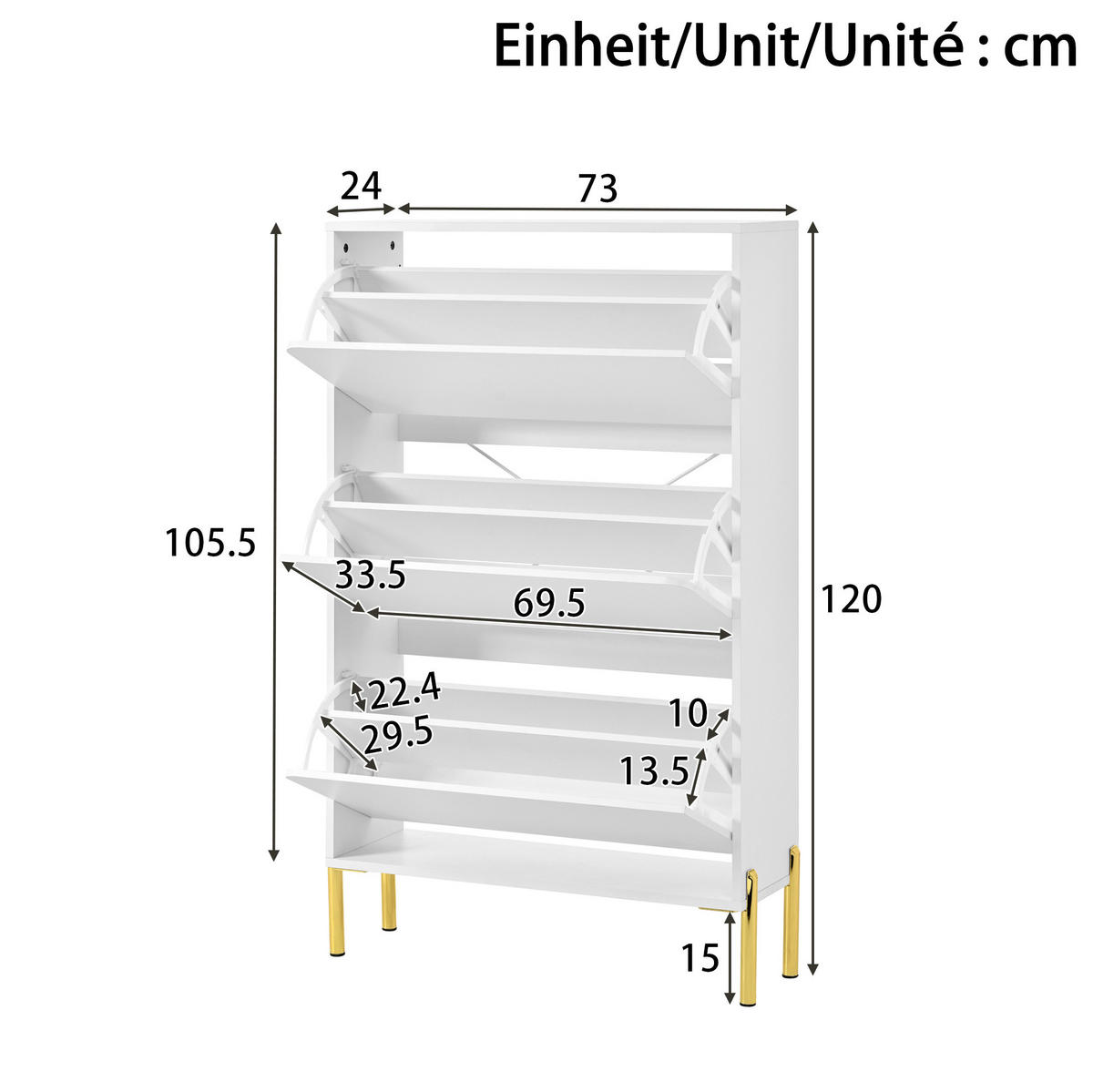 SCHUHSCHRANK 73/24/120 cm weiß aus MDF mit 3 Türen - Weiß, Holzwerkstoff (73/120/24cm) - OKWISH