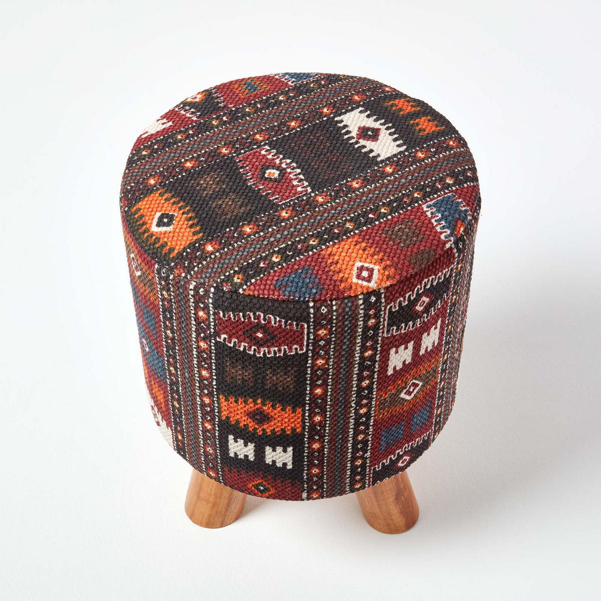 DREIBEIN-HOCKER rund mit Kelim-Muster, 32/32/42 cm - Rot, Textil (32/42/32cm) - Homescapes