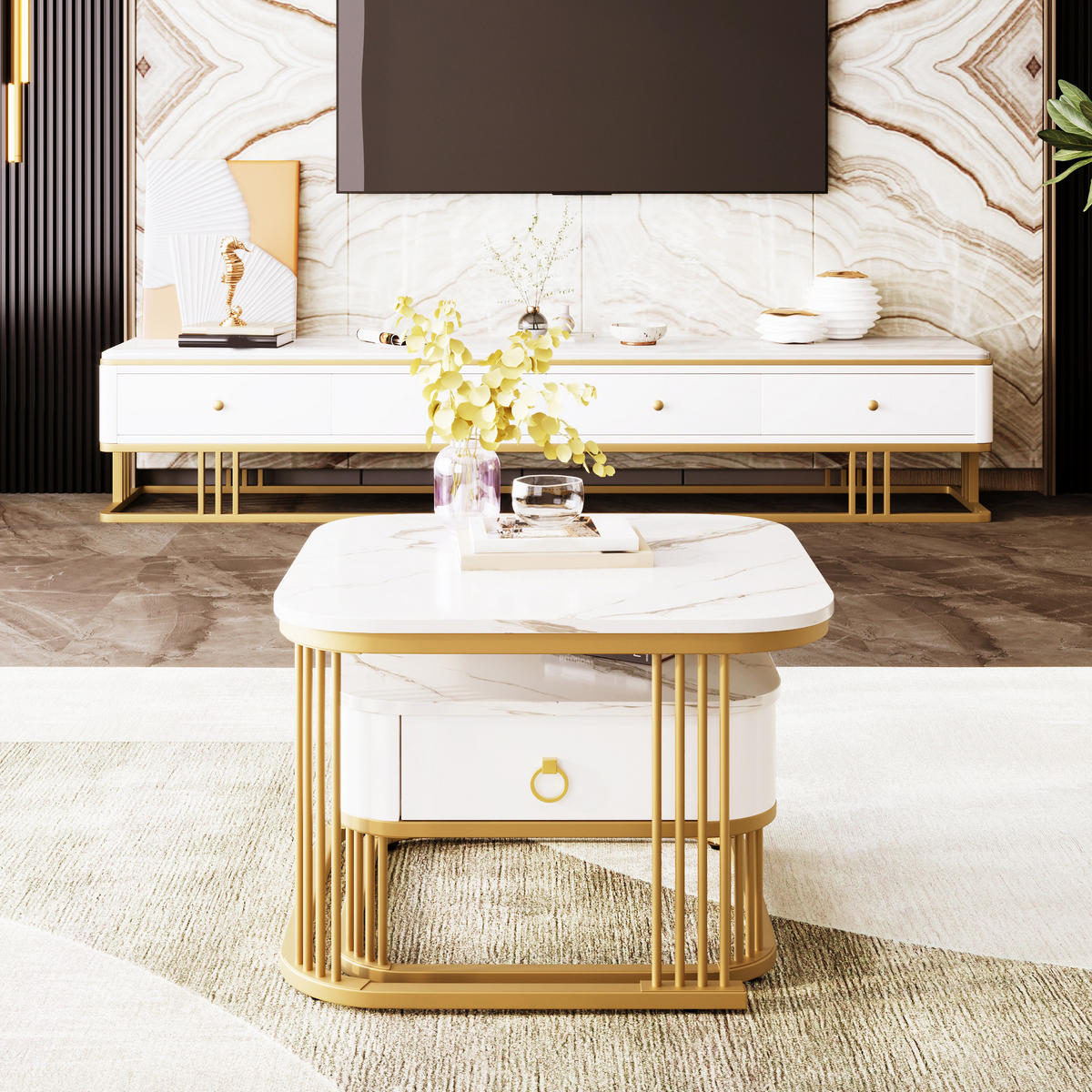 COUCHTISCH-SET in Weiß mit Schubladen und goldenen Beinen für Wohnzimmer, B60/T60/H45 cm - Goldfarben/Weiß, Holzwerkstoff (60/60/45cm) - STILVORA