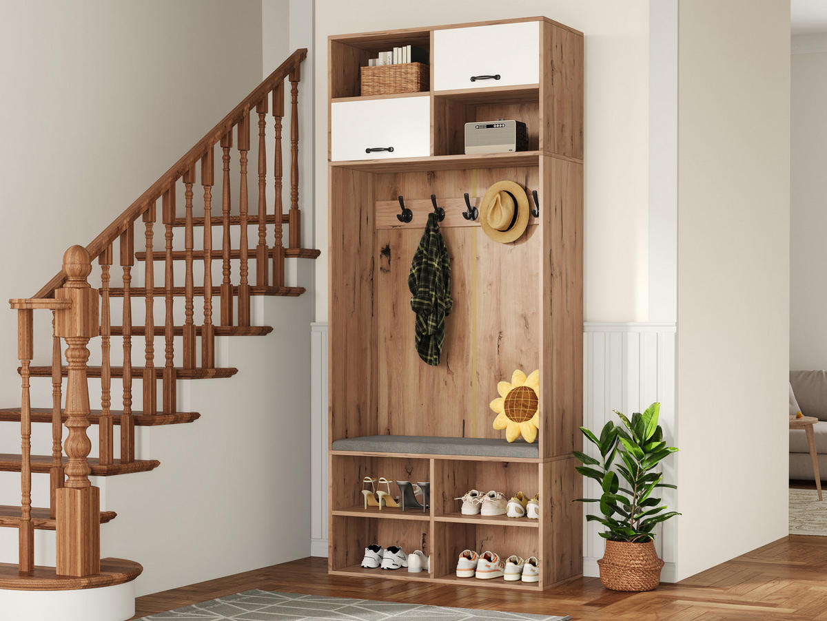 GARDEROBE vielseitig mit Schubladen und Türen, 80/35/185 cm, Weiß und Naturfarben - Naturfarben, Holzwerkstoff (80/185/35cm) - Redom