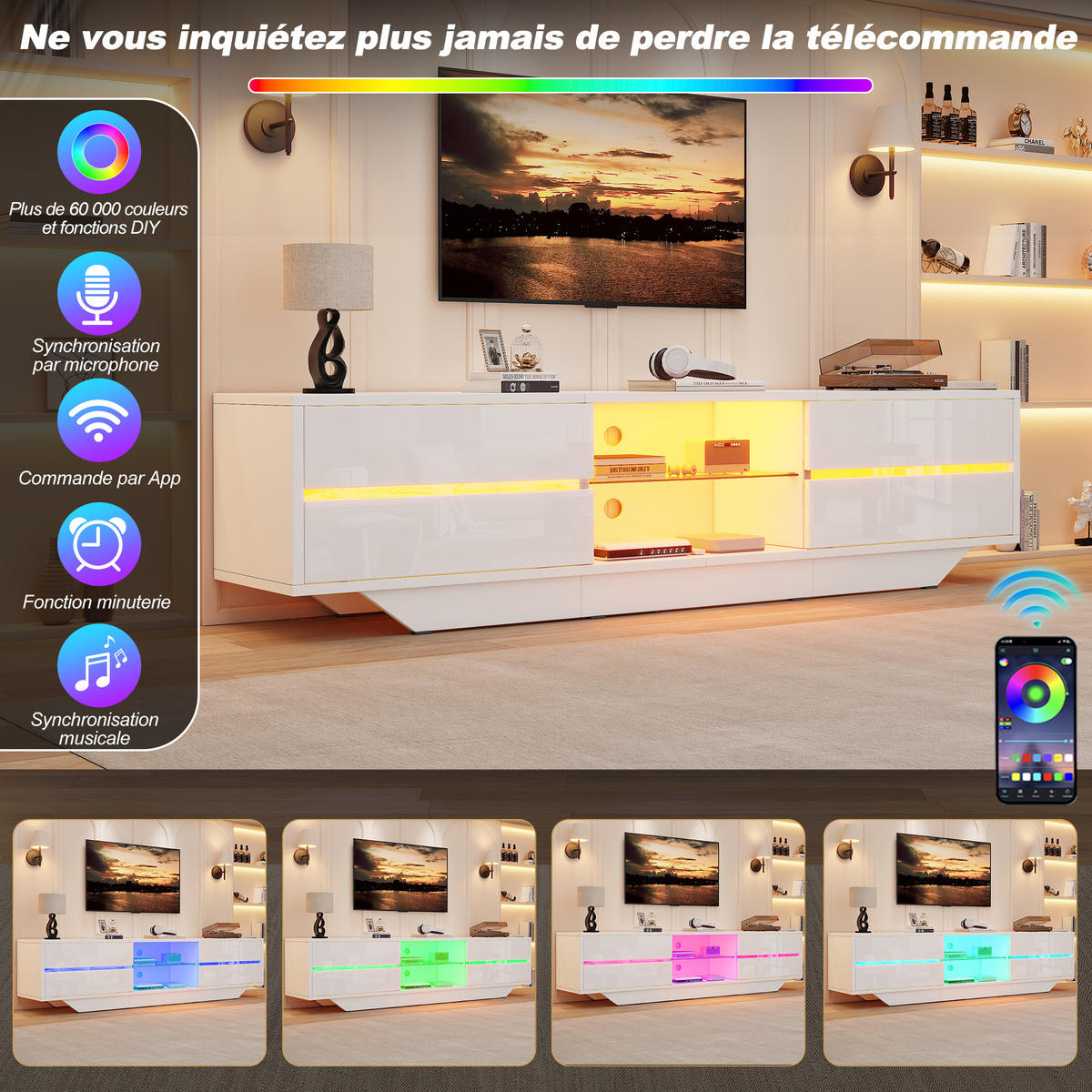 TV-ELEMENT160X35X44,5CM TV-Board Weiß Hochglanz mit RGB-LED-Beleuchtung für 65-Zoll - Weiß, Holz (45.01/27/92.99cm) - Raelunyi