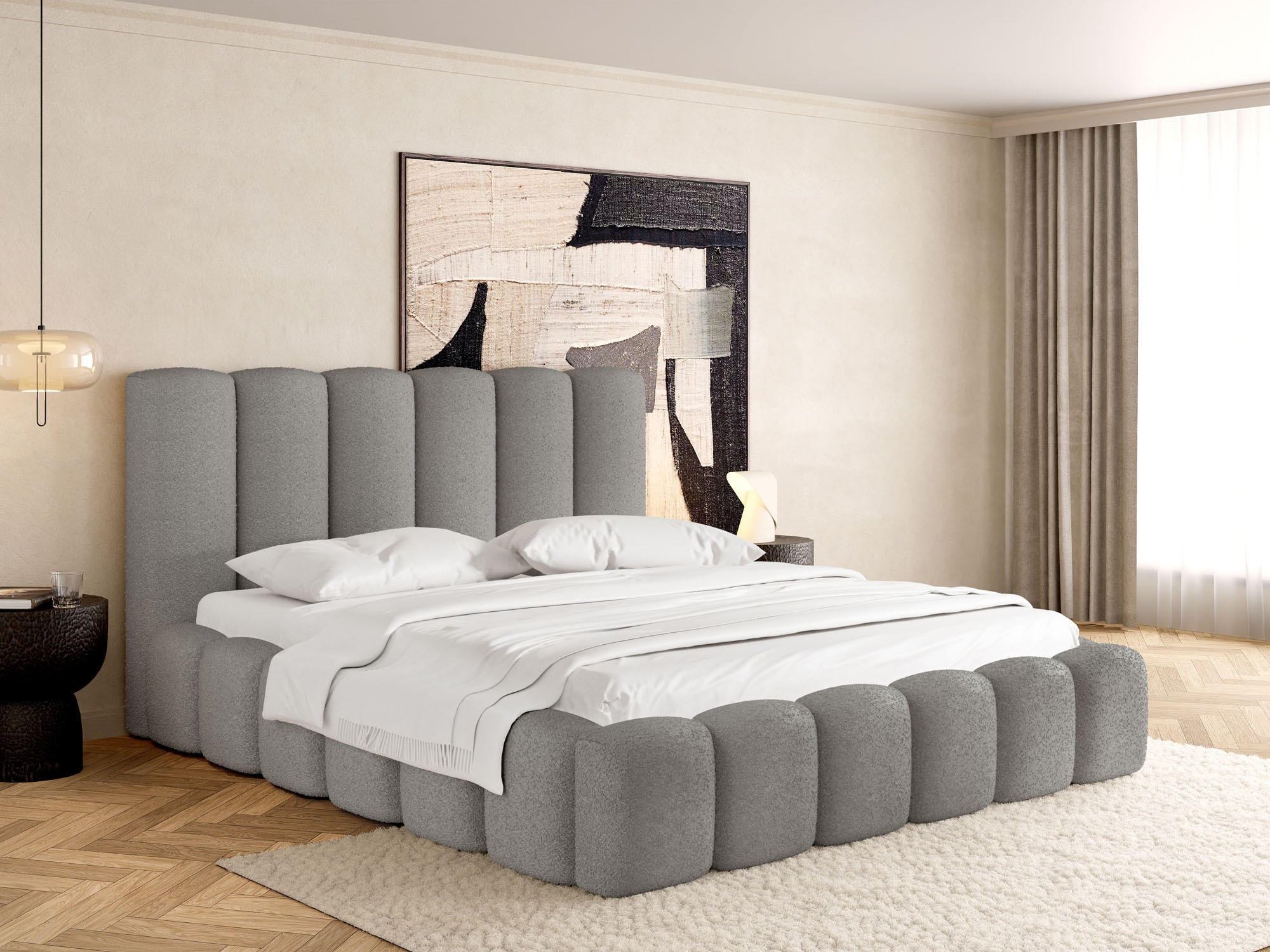 POLSTERBETT Serenity mit Bettkasten, Grau Boucle 200x200 cm - Birkefarben/Schwarz, Holz/Holzwerkstoff (200/200cm) - WFL GROUP