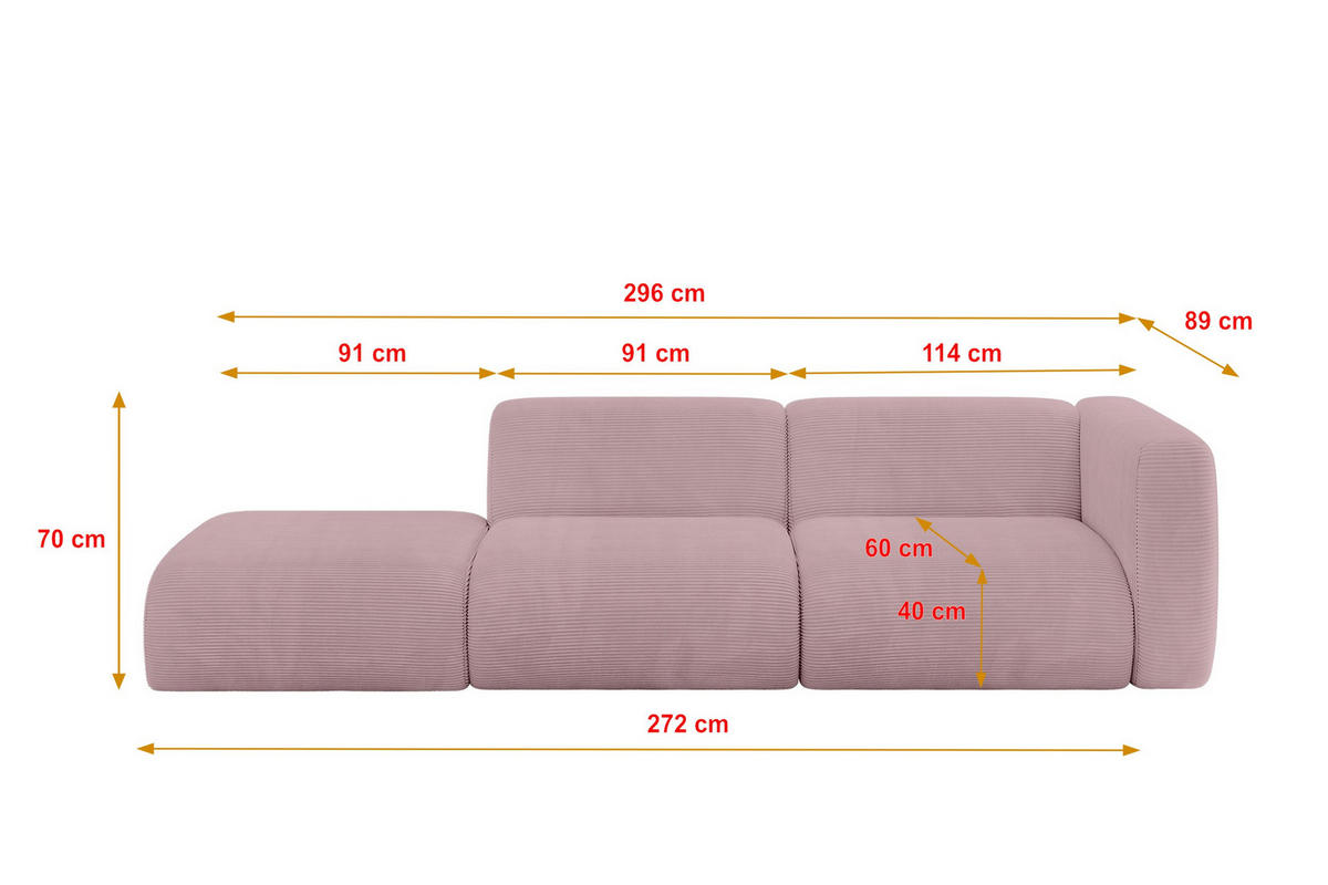 SOFA Ottomane Rechts MIRA-S3 296x89x70 Rosa Cord - Schwarz/Rosa, Holzwerkstoff/Kunststoff (296/70/89cm) - ALTDECOR