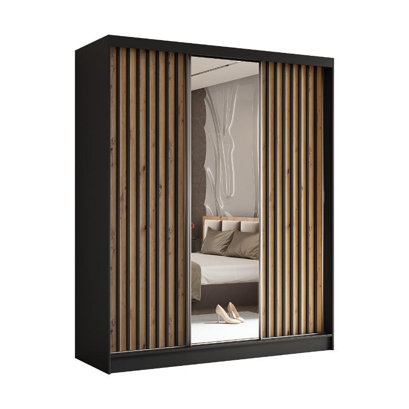 SCHWEBETÜRENSCHRANK Erika 180 cm mit Lamellen und Spiegel 3-türig, schwarz, Artisan, Lamelle schwarz - Schwarz/Braun, Kunststoff (180/216/51cm) - Margaret Hadas24