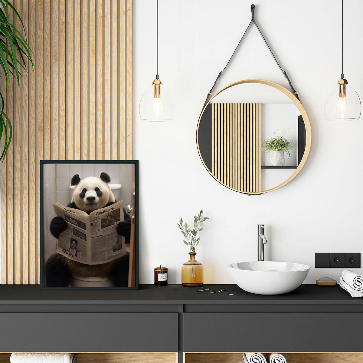 POSTER für Badezimmer WC PANDA auf Toilette mit Zeitung Abstraktion 30x40cm - Beige/Schwarz, Papier (30/40/40cm) - Muralo