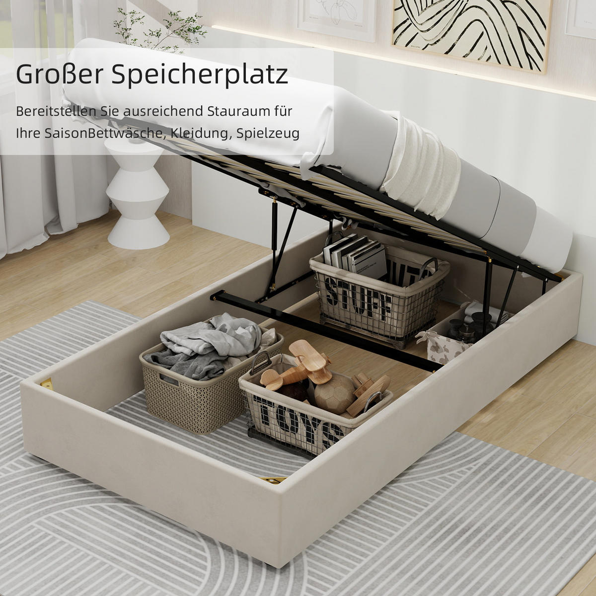 KINDERBETT 90/200 cm in Beige Stoff mit Bettkasten - Beige, Holzwerkstoff/Textil (90/200cm) - WISHDOR