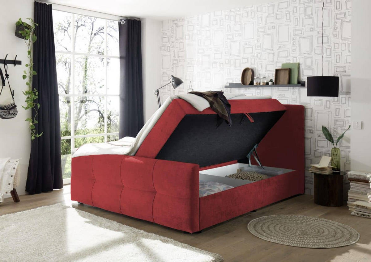 BOXBETT mit 9‑Zonen-Tonnentaschenfederkern-Matratze, HR-30-Topper, Bettkasten - Beere/Rot, Holz/Kunststoff (180/200cm) - ed exciting design