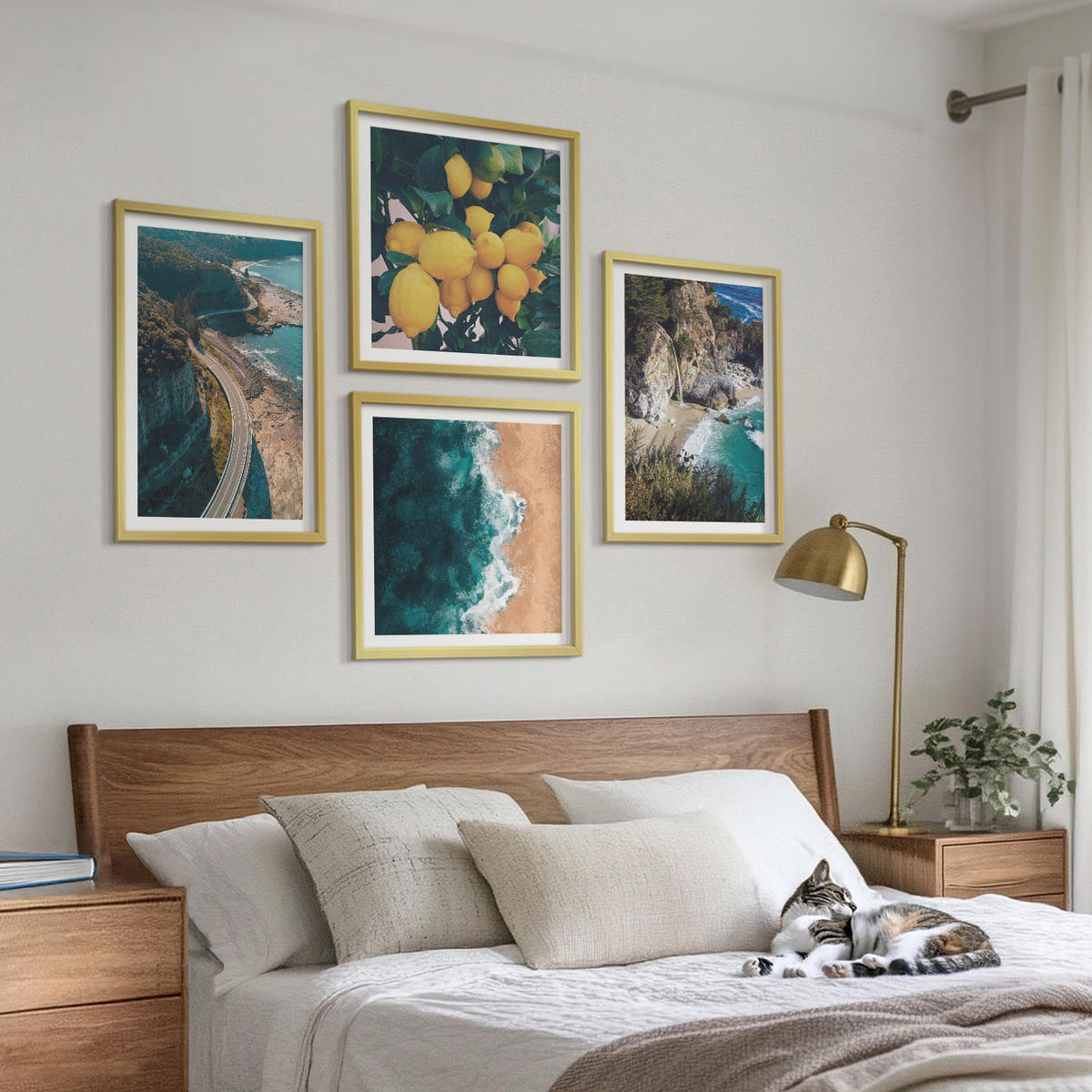 WANDBILDER 4er Set - 50x50 cm & 40x60 cm Goldrahmen - Meerstrand Zitronen Berge - Goldfarben, Kunststoff (50/50cm) - ArtPrintCave