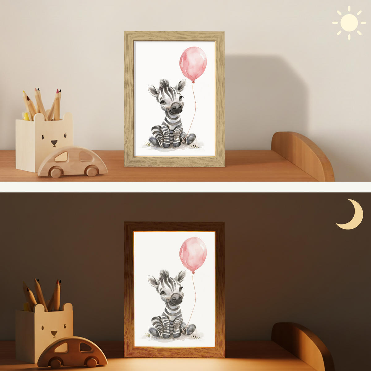 NACHTTISCHLAMPE Zebra - Baby - Tiere - Rosa Luftballon 15x20 cm - Weiß, Holzwerkstoff (8/15/20cm)