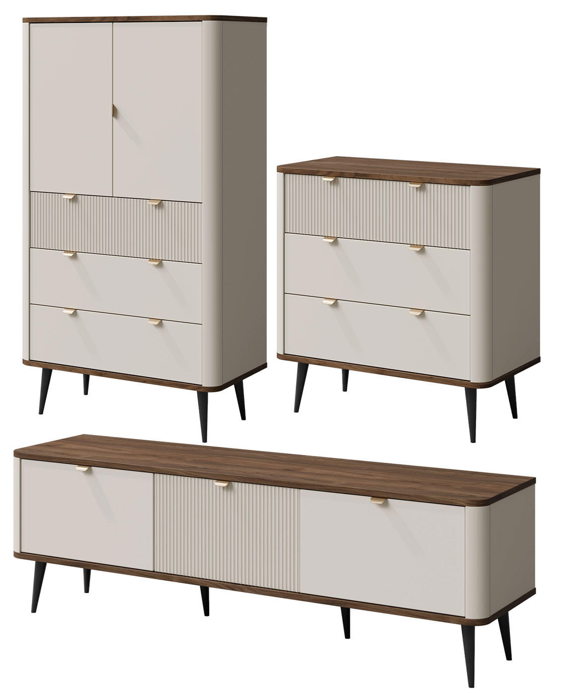 WOHNZIMMER-SET Marly 3-tlg Kaschmir / Walnuss - Kaschmir/Beige, Holz/Holzwerkstoff (340/163/40cm) - Feldmann-Wohnen