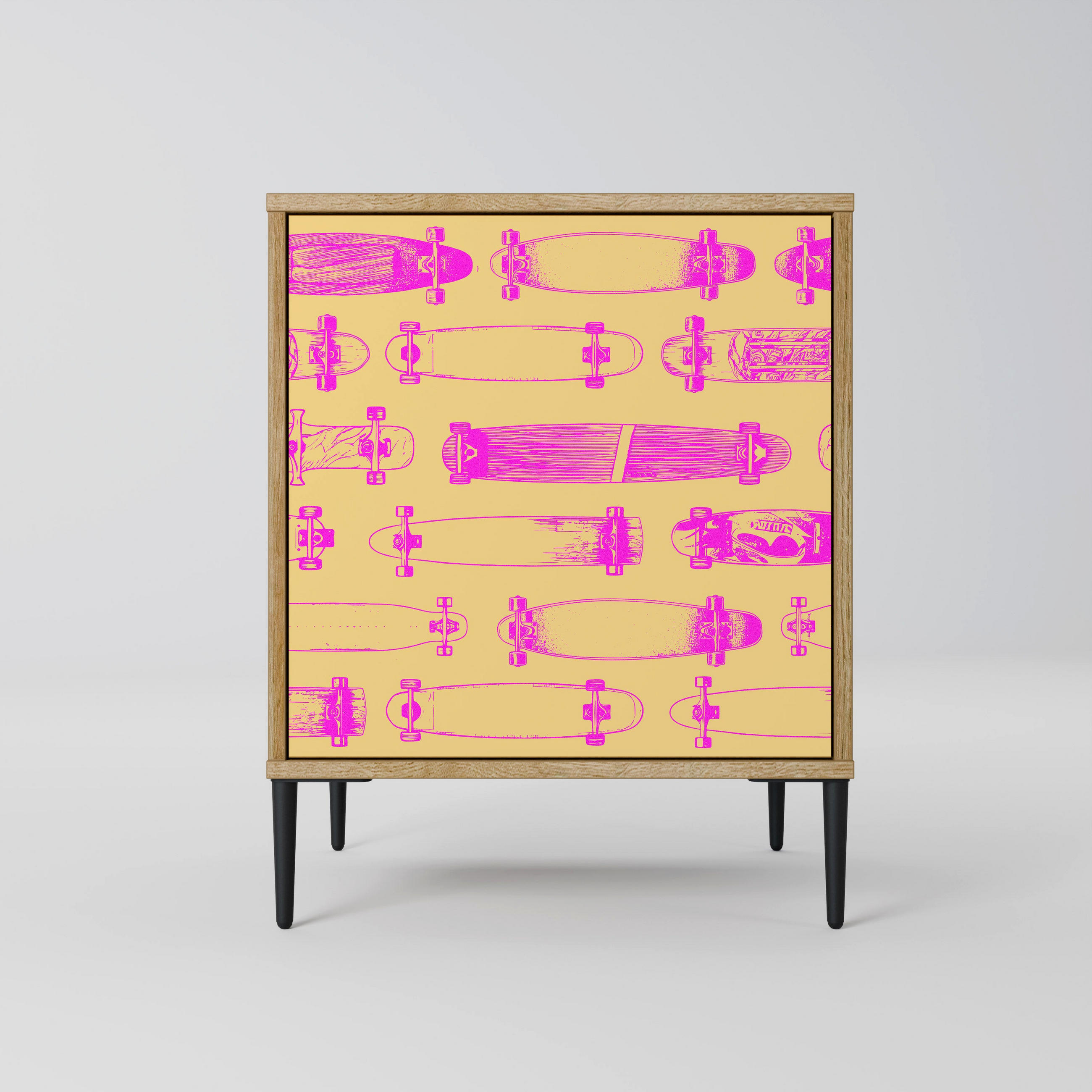 SIDEBOARD SKATEBOARD ARTISTRY, Eichefarben, 57,5x42x72,5 cm, Schwarze Metallfüße - Eichefarben/Multicolor, Holzwerkstoff/Metall (57.5/72.5/42cm) - SpaceRebels