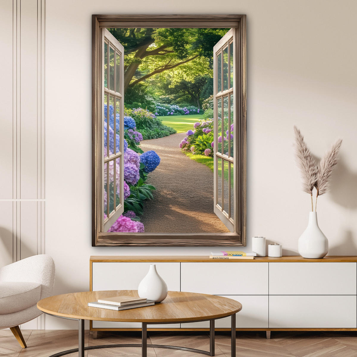 LEINWANDBILD Aussicht - Garten - Fenster - Hortensie - Blumen Deko XXL 80x120 cm - Pastellblau, Textil (80/120cm) - MuchoWow