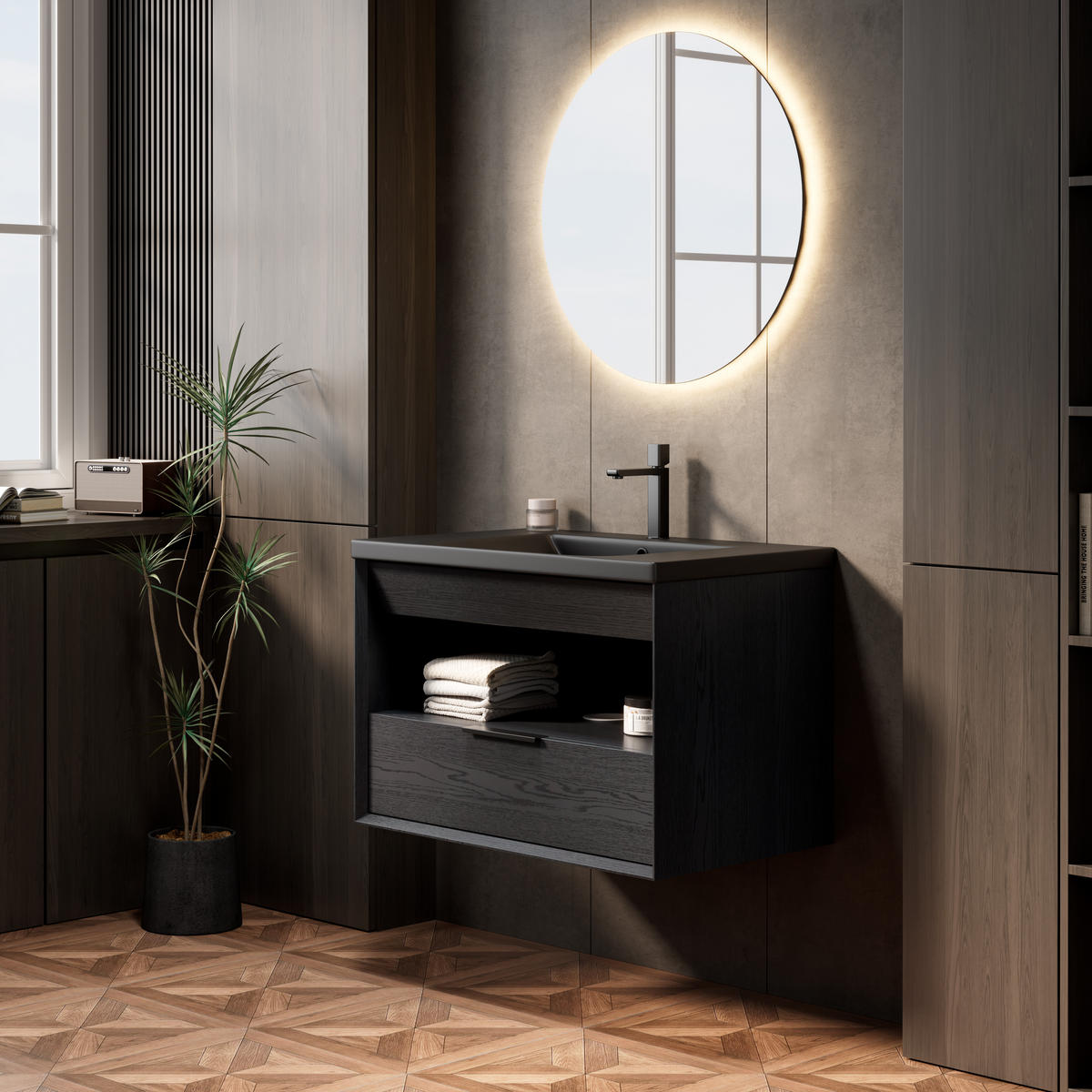 BADEZIMMERSCHRANK 74.5x46.5x51.5 cm Schwarz & Dunkle Eiche aus Keramik & Sperrholz - Schwarz, Keramik (74.5/51.5/46.5cm) - Modfu