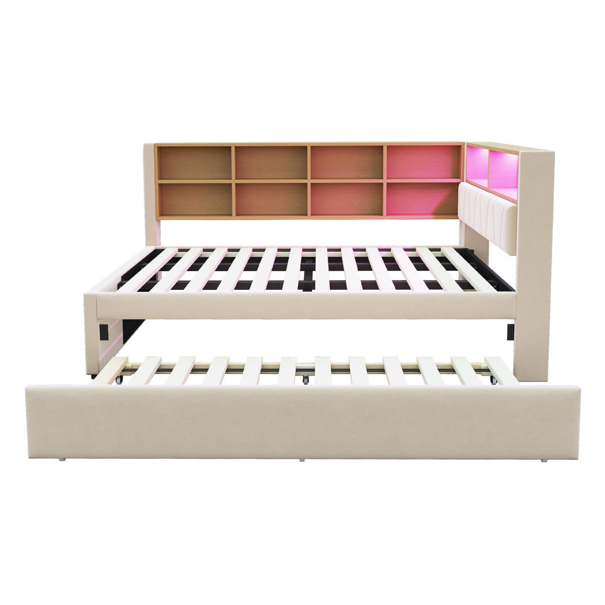 BETT mit Ausziehbett 140/200 cm & 90/190 cm mit LED-Beleuchtung und USB-Anschlüssen Flanell Beige - Beige, Textil (140/200cm) - OKWISH