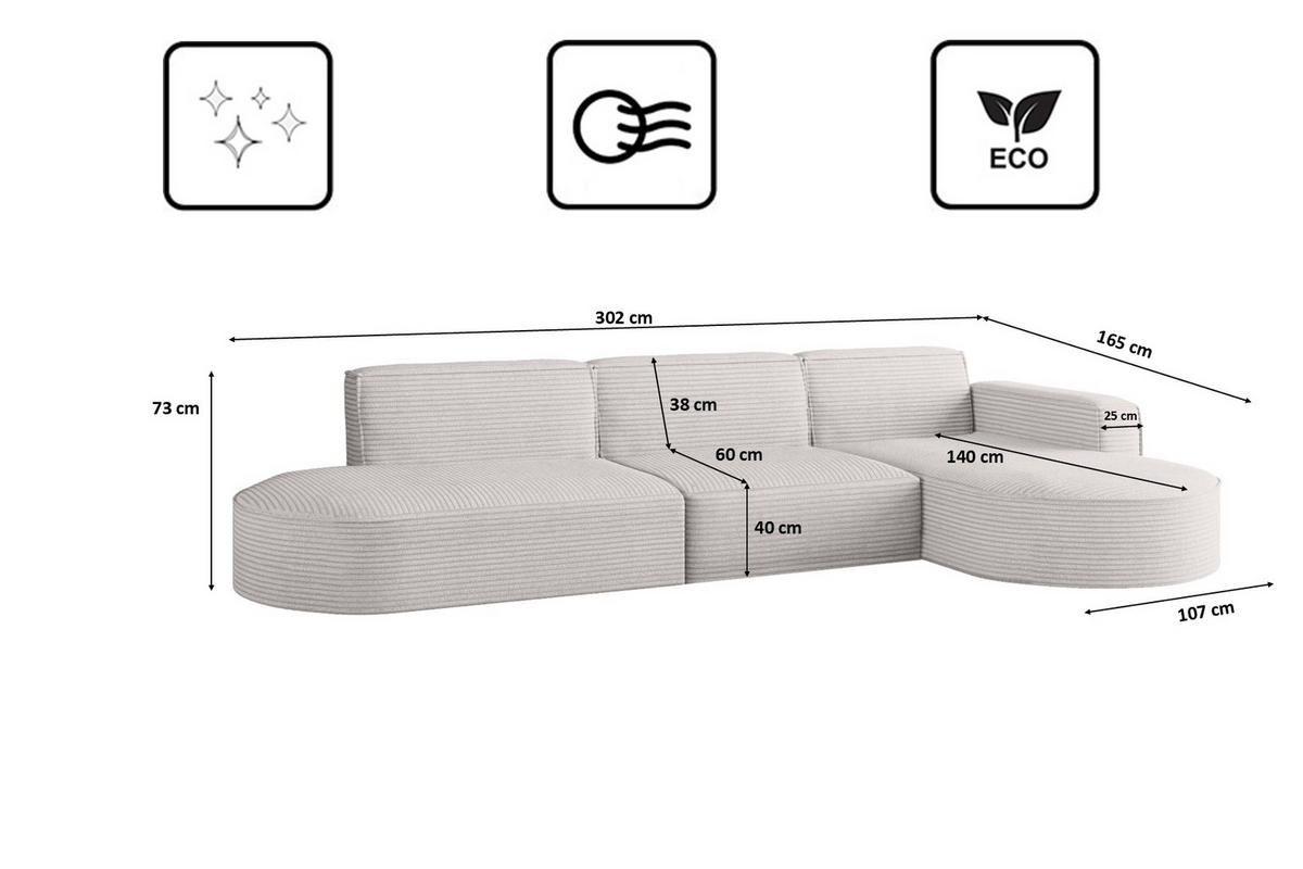 ECKSOFA Designer, Sofa L form MODENA 302cm stoff Poso Ecru Rechts - Ecru, Holz (302/296cm) - Kaiser Möbel