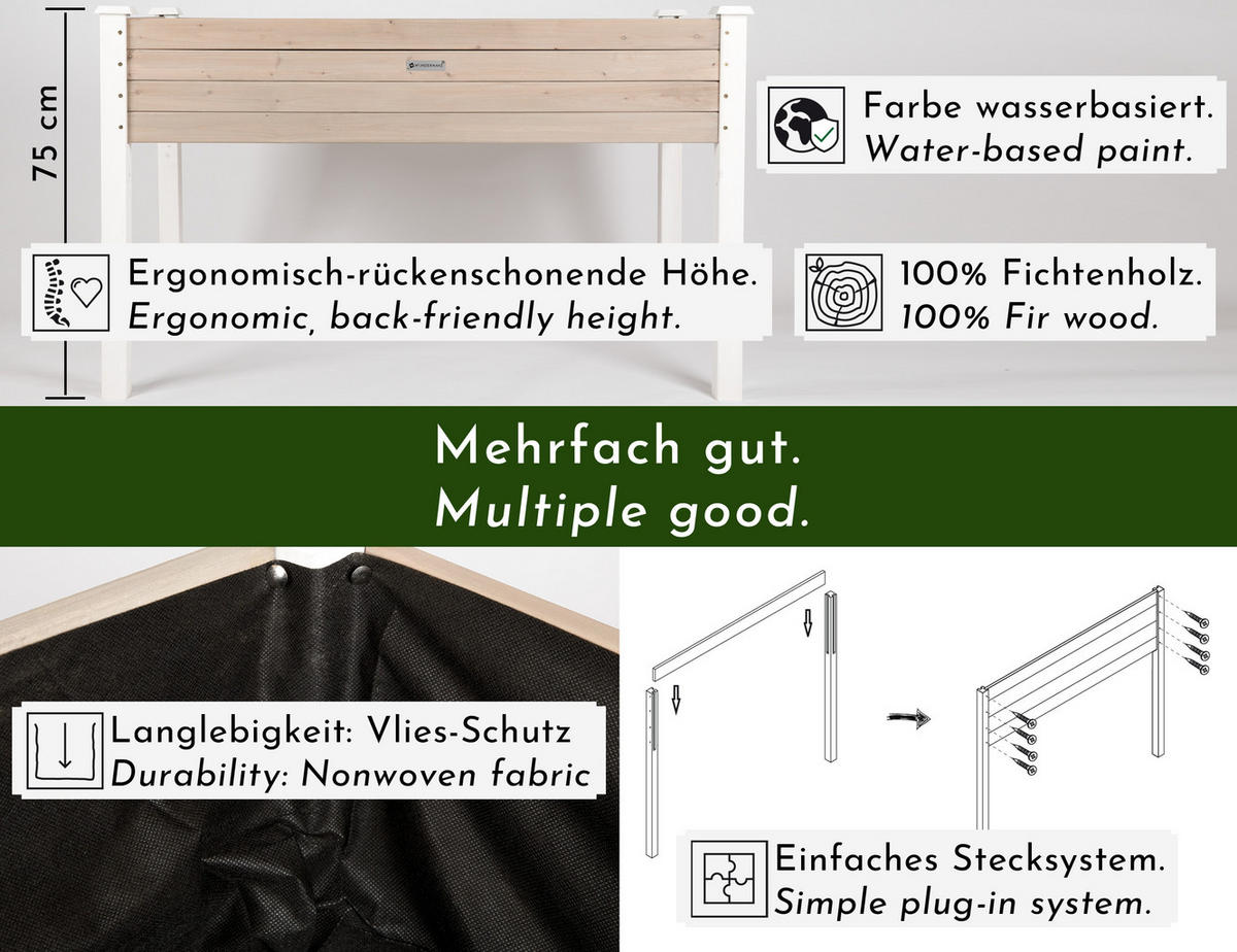 HOCHBEET aus Holz für Garten & Balkon, rechteckig mit Vlies-Folie - Weiß, Holz (124/75/63cm) - WONDERMAKE