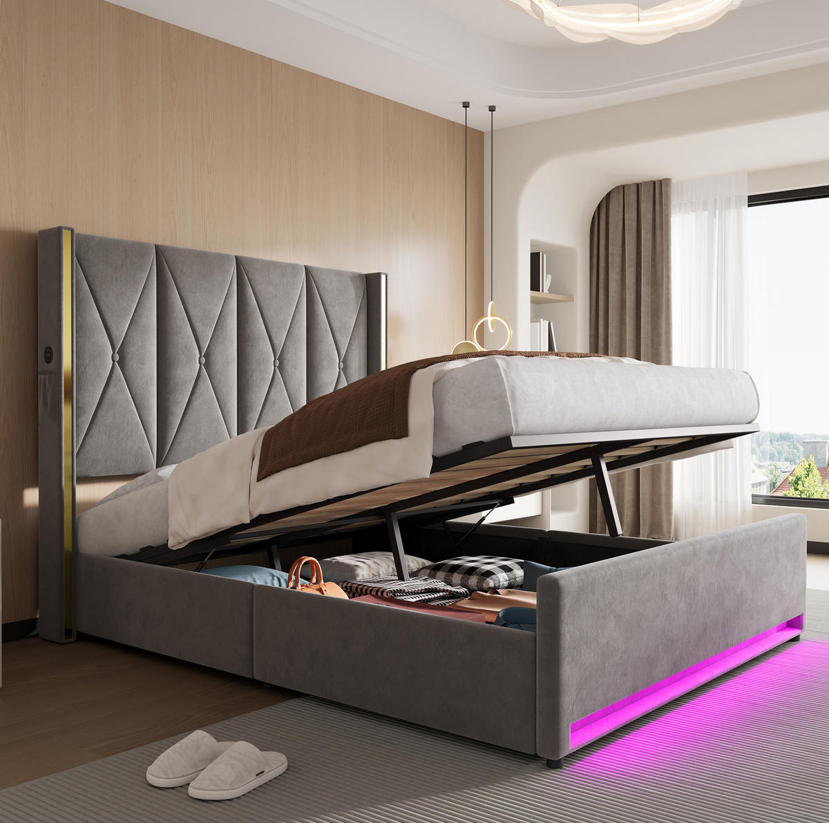 POLSTERBETT 160/200 cm mit LED-Beleuchtung, USB- und Type-C-Anschluss, Bettkasten und Seitentaschen, Dunkelgrau - Dunkelgrau, Textil (160/200cm) - Redom
