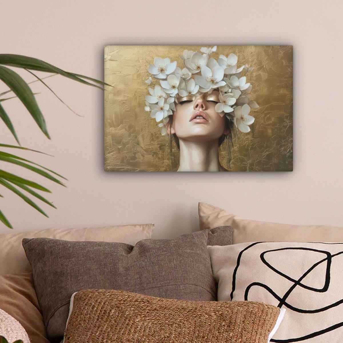 LEINWANDBILD Gesicht - Blumen - Gold - Abstrakt Deko Schlafzimmer 30x20 cm - Goldfarben, Textil (30/20cm) - MuchoWow