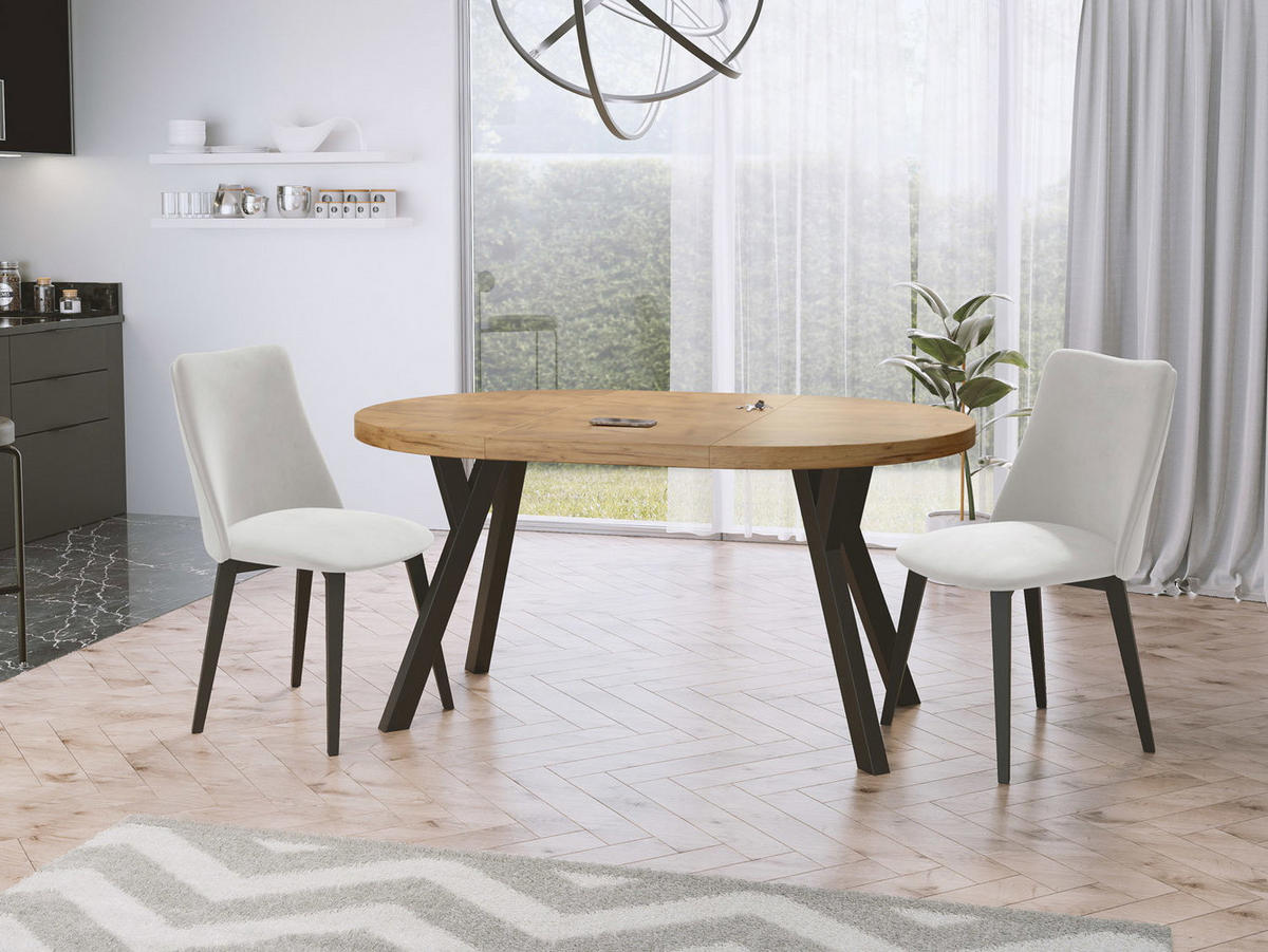 ESSTISCH Twixy runder ausziehbarer, Wotan Eiche 100-150/100/76 cm - Eiche Wotan/Schwarz, Holz/Holzwerkstoff (100/150/76cm) - WFL GROUP