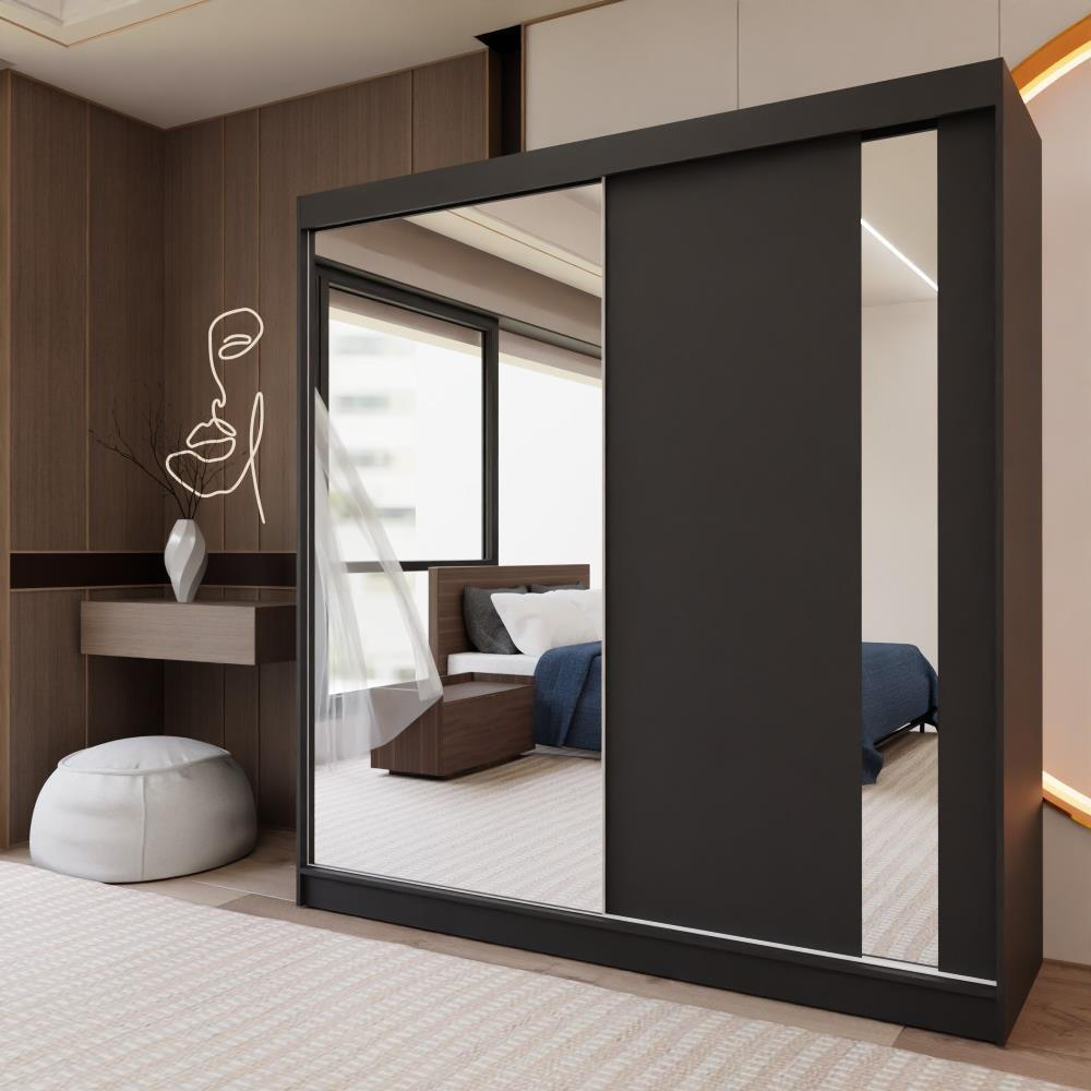 SCHWEBETÜRENSCHRANK Gaja 200/216/61 schwarz mit Spiegel und Schubladen - Schwarz, Holzwerkstoff (200/216/61cm) - Beautysofa