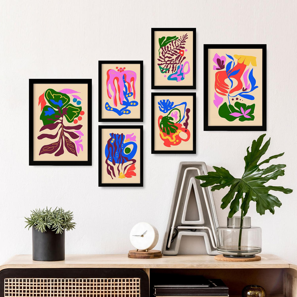 POSTER Set Mit 6 Malerisch 2 In Blume Zusammenfassung Ästhetische Dekorative Gemälde Für Ihr Wohnzimmer Schlafzimmer Zuhause A3 & A4 Schwarzer Rahmen - Schwarz, Papier (29/3cm) - Nacnic
