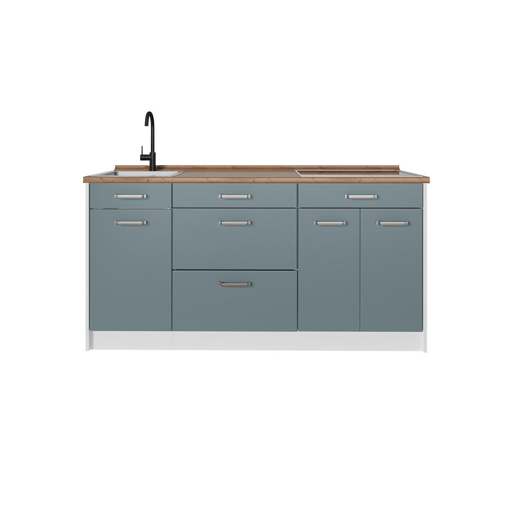 KÜCHENBLOCK R-Line, Blau-Grau/Weiß, 160 cm Arbeitsplatte Goldkraft Eiche - Blaugrau/Weiß, Holzwerkstoff (160/81.6/60cm) - Vicco