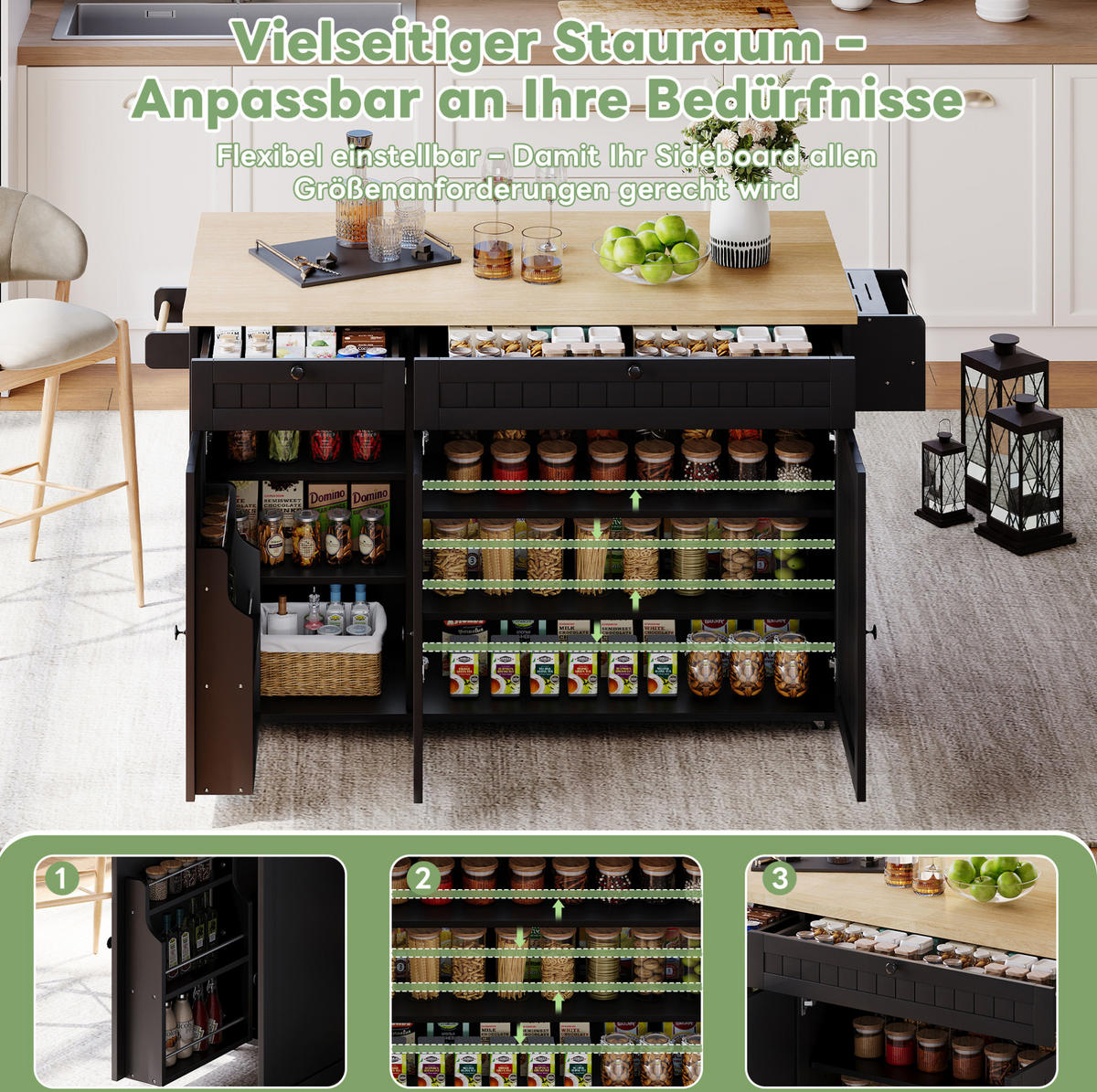 KÜCHENINSEL aus MDF 137x45x89,5 cm Natur/Schwarz mit klappbarer Arbeitsplatte, Schubladen, Schrank und Rollen - Naturfarben, Holzwerkstoff (137/89.5/70cm) - Modfu