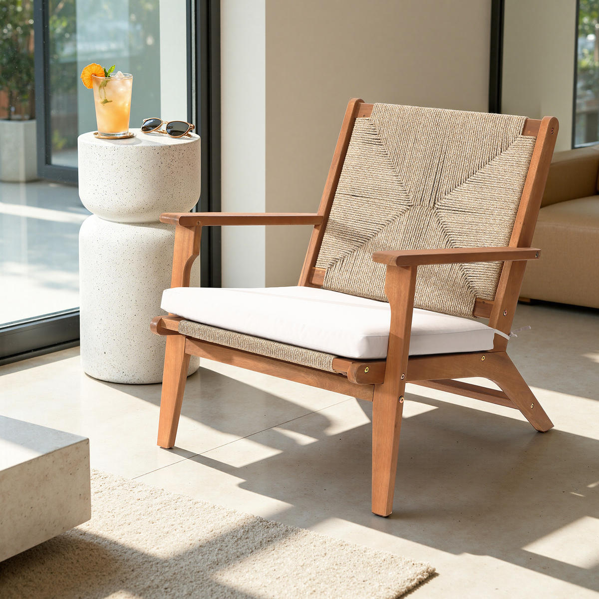 73CM Outdoor-Ess- und Terrassenstuhl aus Akazienholz mit Kissen - Ahornfarben, Holz (73/73/64.5cm) - Hometopia