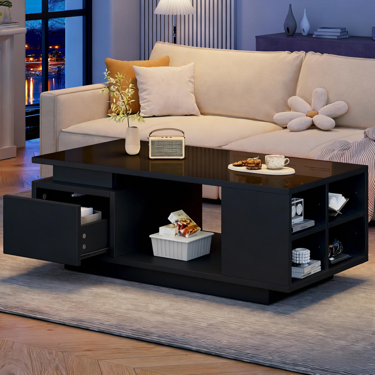 COUCHTISCH mit Schublade und LED 100 x 50 x 36 cm Schwarz - Schwarz, Holzwerkstoff (100/50/36cm) - Meubliv