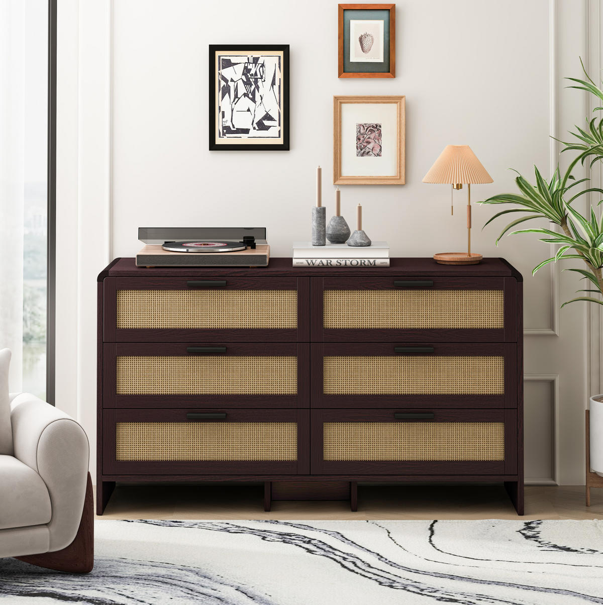 KOMMODE 130 cm aus Holzwerkstoff mit 6 Schubladen und Rattangeflecht Rotbraun - Braun, Holzwerkstoff (130/74/40cm) - Modenvie