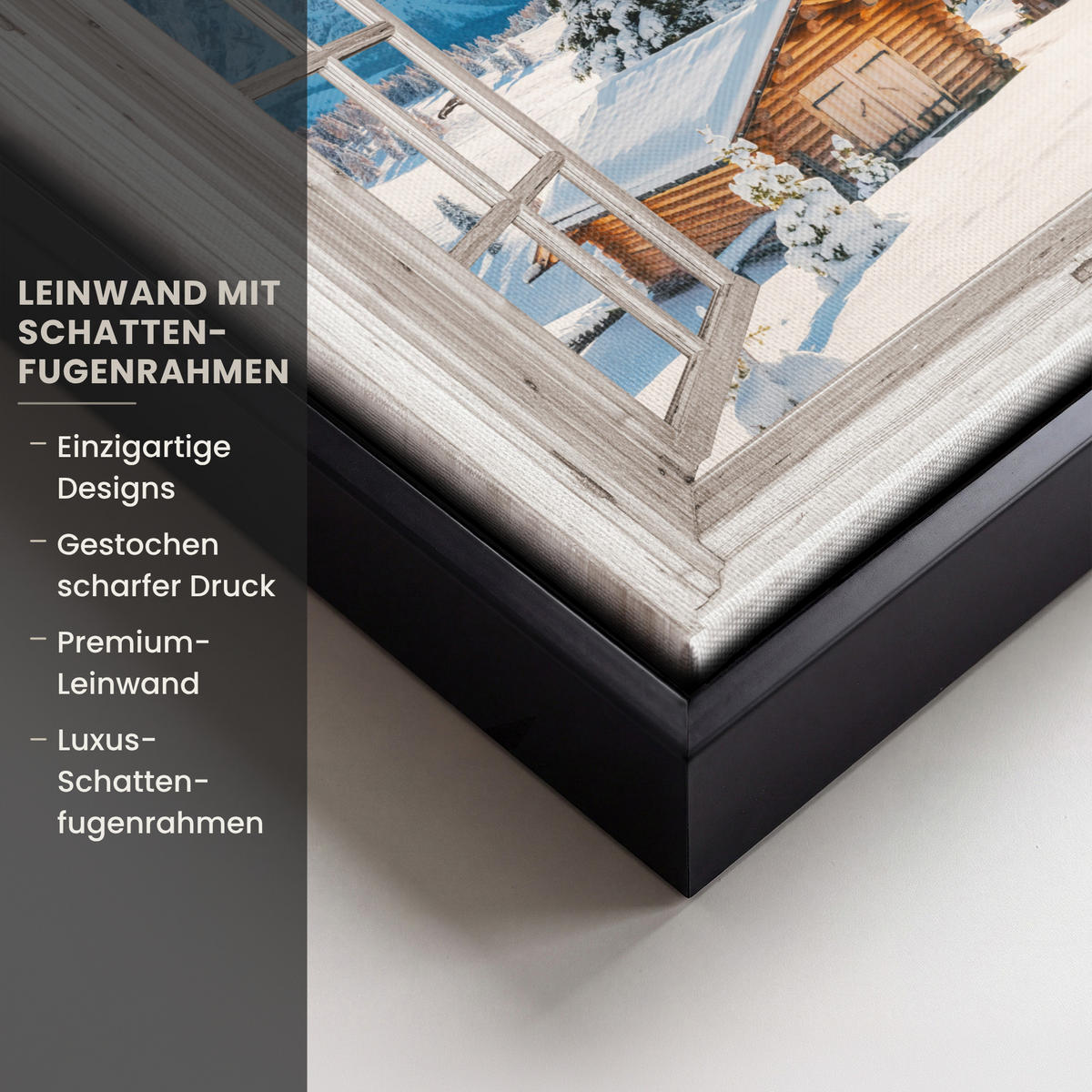 LEINWAND Bilder mit Rahmen - Winterlandschaft - Hütte - Berge - Ausblicke - Aussicht - Natur - 20x20 - Weiß Hochglanz, Textil (20/20cm) - MuchoWow