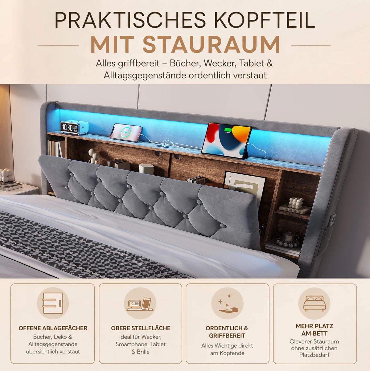 POLSTERBETT aus Samt 160x200 cm Dunkelgrau mit LED-Beleuchtung, USB-C, Bettkasten und Lattenrost - Dunkelgrau, Textil (160/200cm) - Modfu
