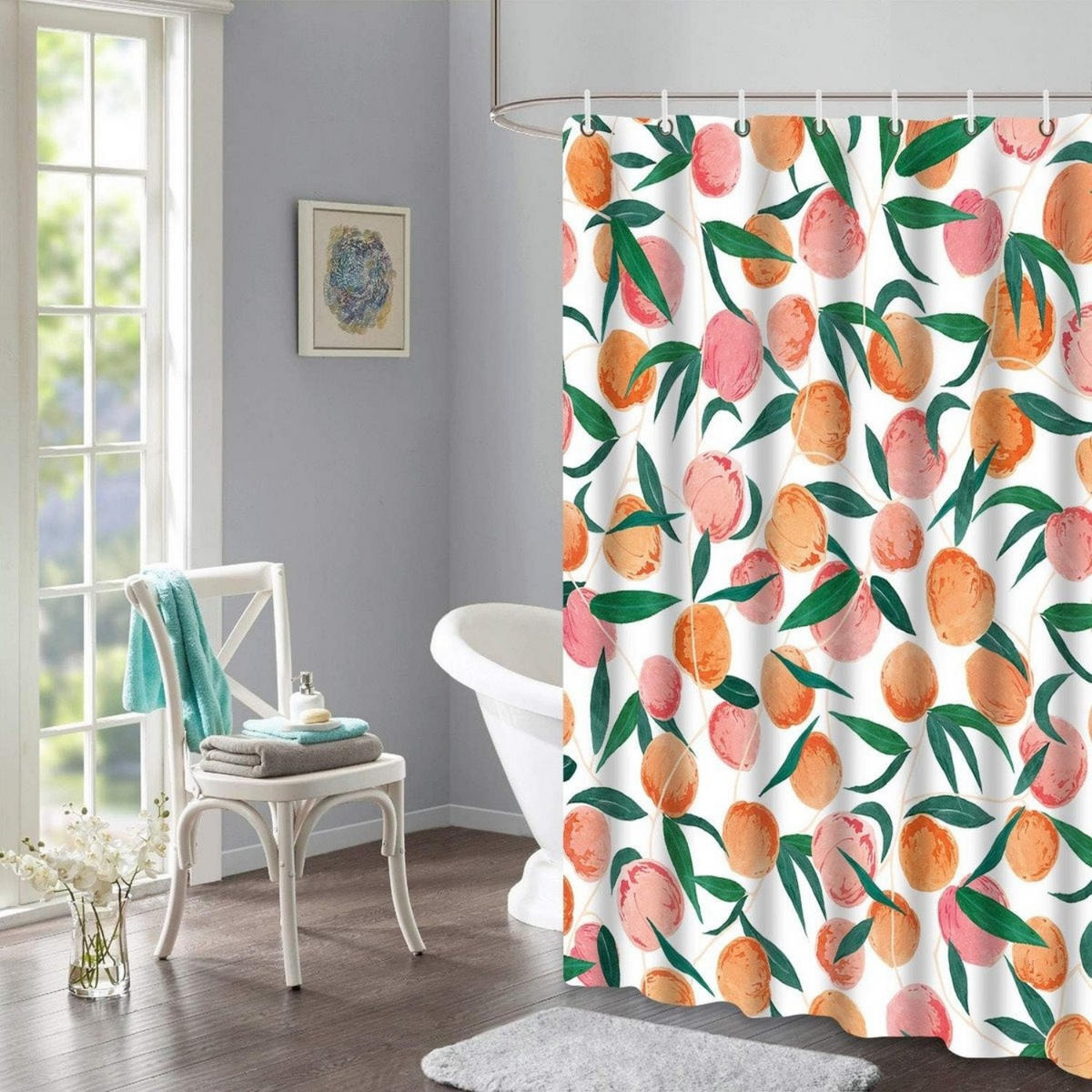 DUSCHVORHANG Bunt Pfirsich Obst Polyester 180 x 180 cm wasserdicht mit Haken - Orange/Grün, Textil (180/180cm) - MCBOSON