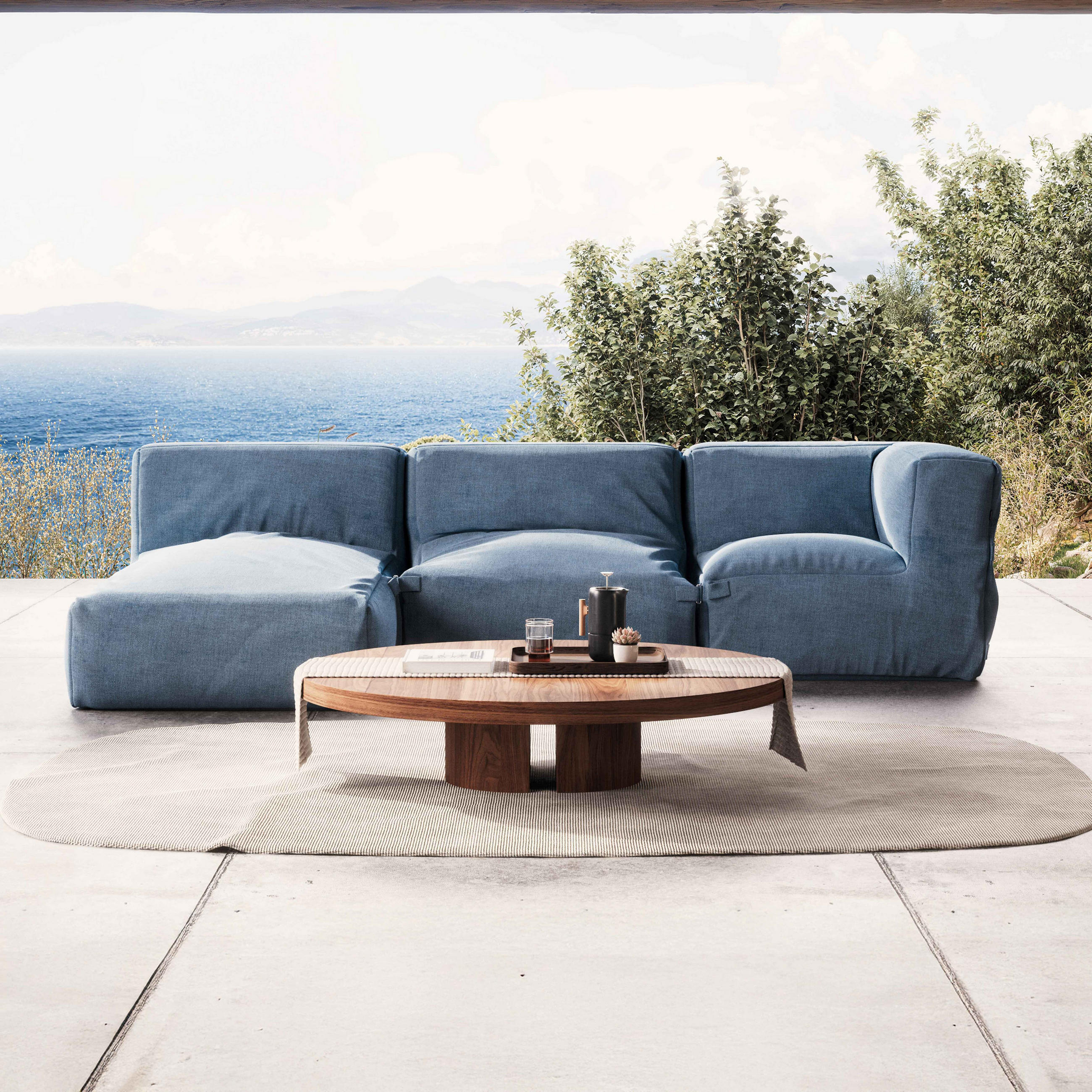 GARTENSOFA 3-tlg., Pazifikblau - Blau, Textil (85/65/160cm) - Oviala