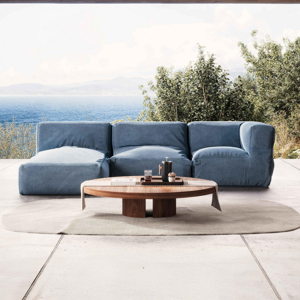 GARTENSOFA 3-tlg., Pazifikblau - Blau, Textil (85/65/160cm) - Oviala