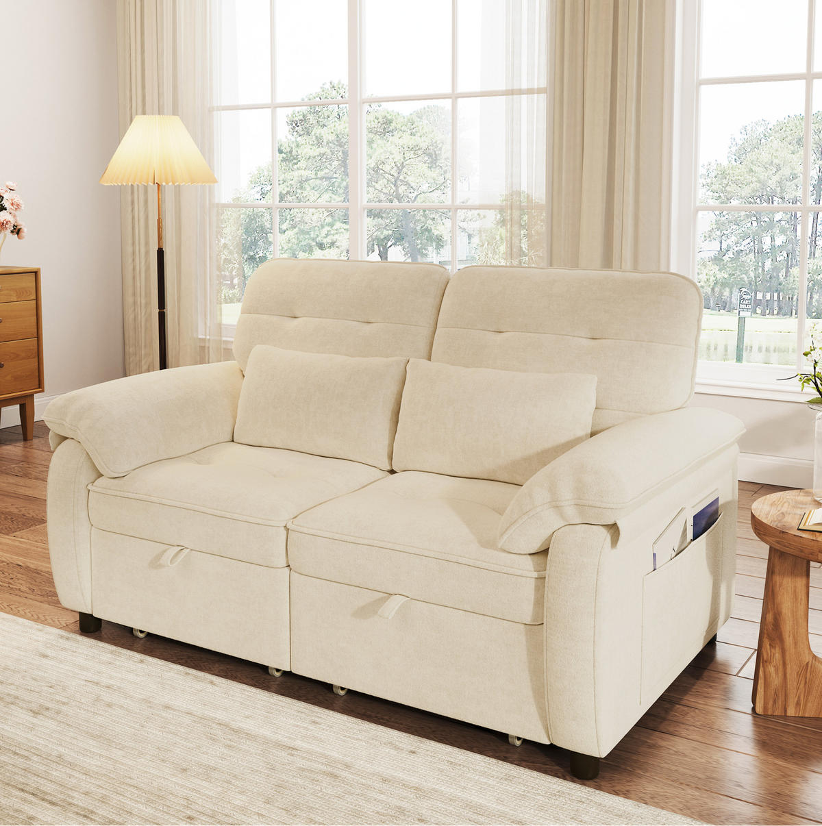 SCHLAFSOFA 142/90/86,5 cm aus Chenille mit 3-in-1-Bettfunktion Beige - Beige, Textil (90/86.5/142cm) - Modenvie