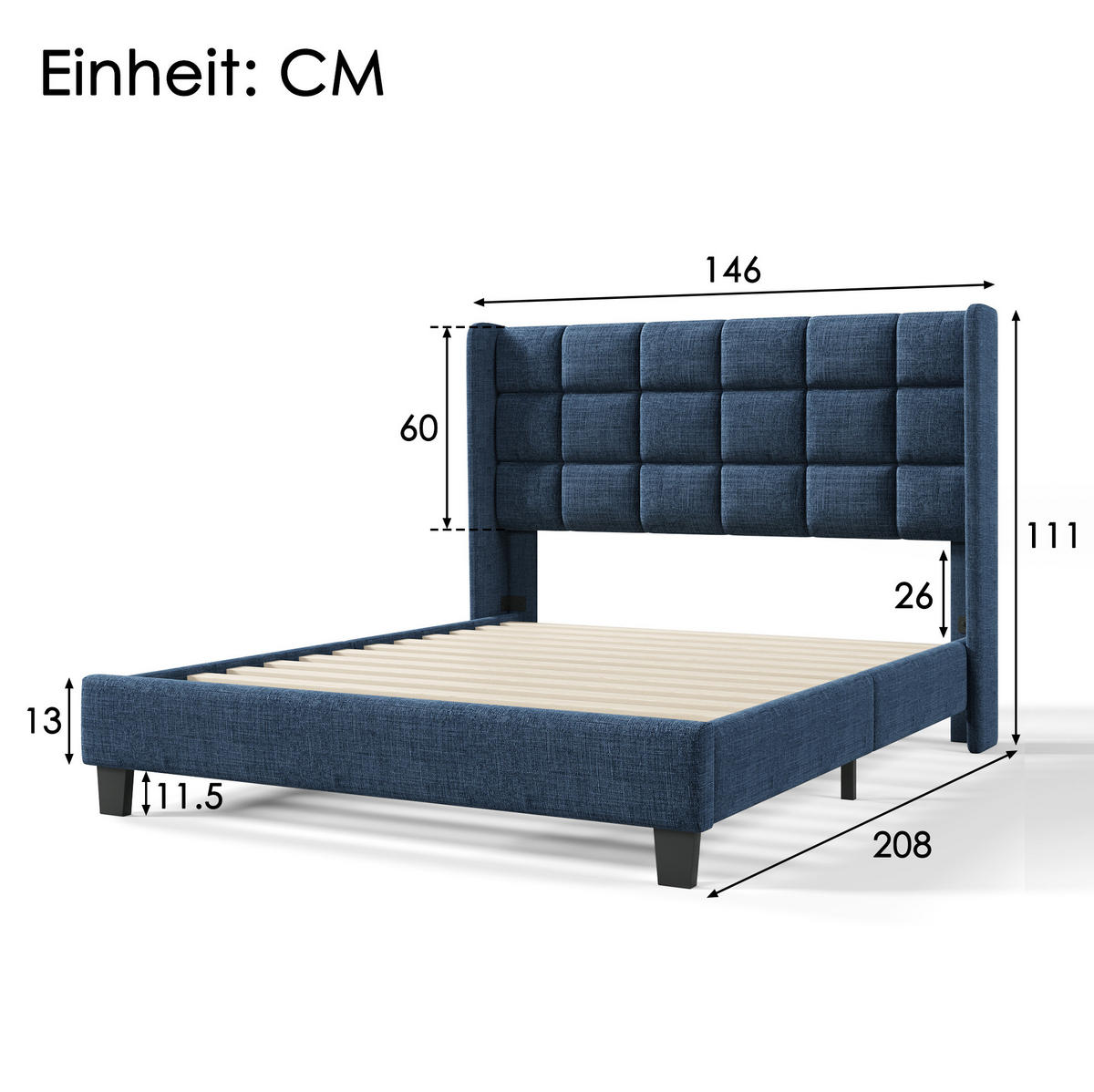 POLSTERBETT aus Leinen 140x200 cm in Blau mit Lattenrost - Blau, Textil (140/200cm) - Modfu