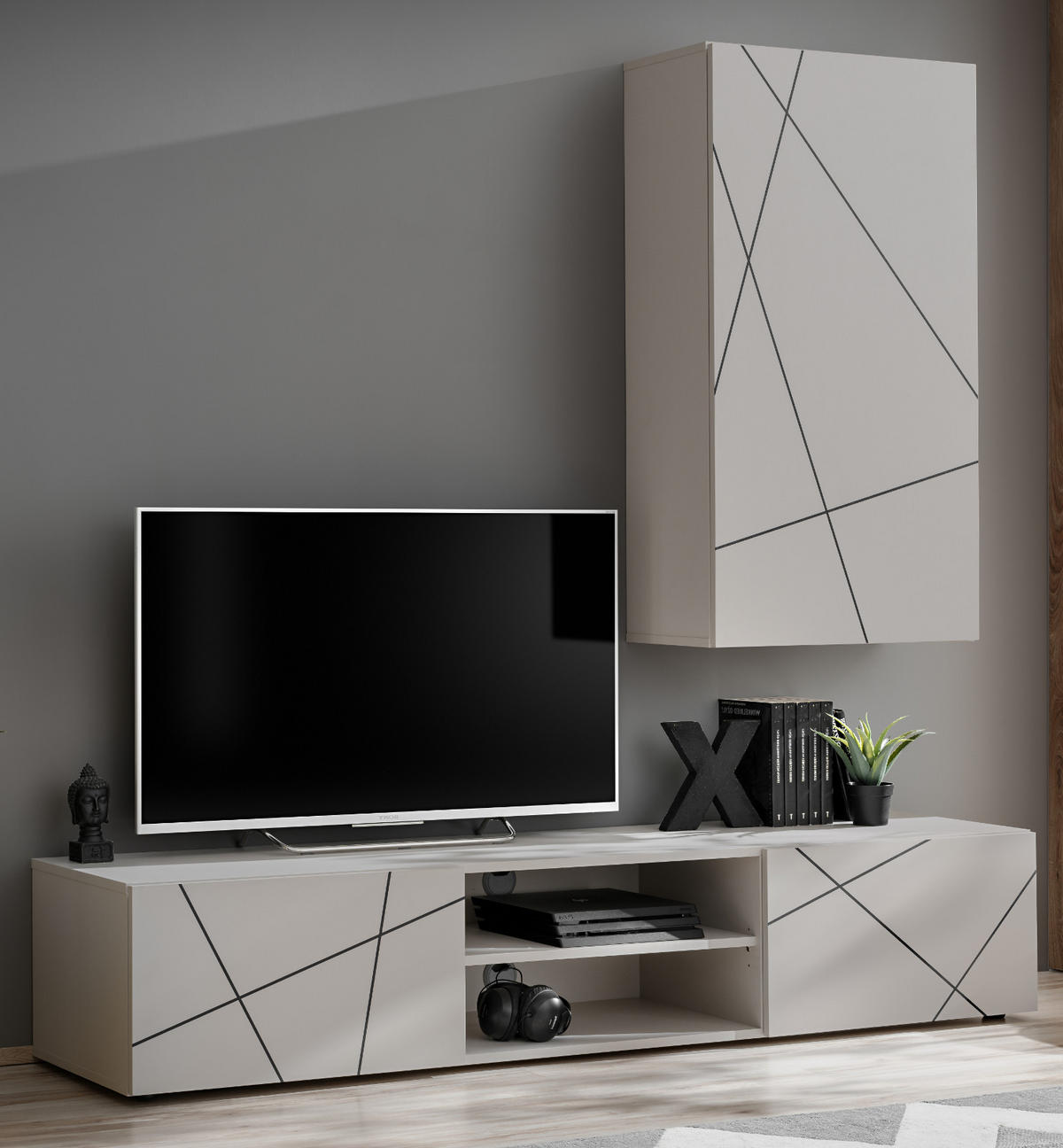 WOHNWAND Kaschmir, schwarz 180 cm, Schrankwand mit Streifendruck, Push-to-Open - Kaschmir/Schwarz, Holzwerkstoff/Kunststoff (180/180/45cm) - Furn.Design