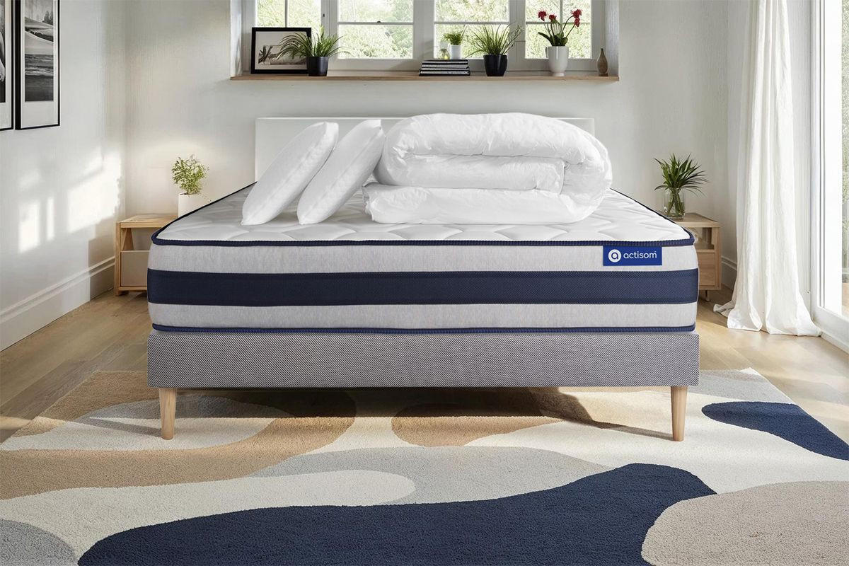 BETT Actiflex ergo Taschenfederkern und Memory-Schaum 140 x 200 cm h4 - Kit Bettgestell Grau - Mit Kissen und Bettdecke - Beige/Grau, Karton/Holz (140/200cm) - ACTISOM