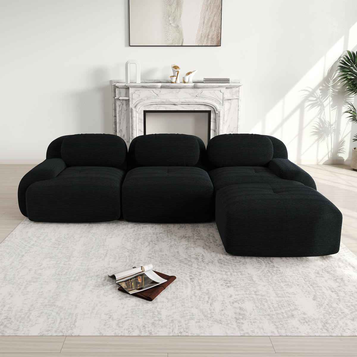 ECKSOFA Cord Schwarz modular kombinierbar - Schwarz, Textil (298/178cm) - WISHDOR