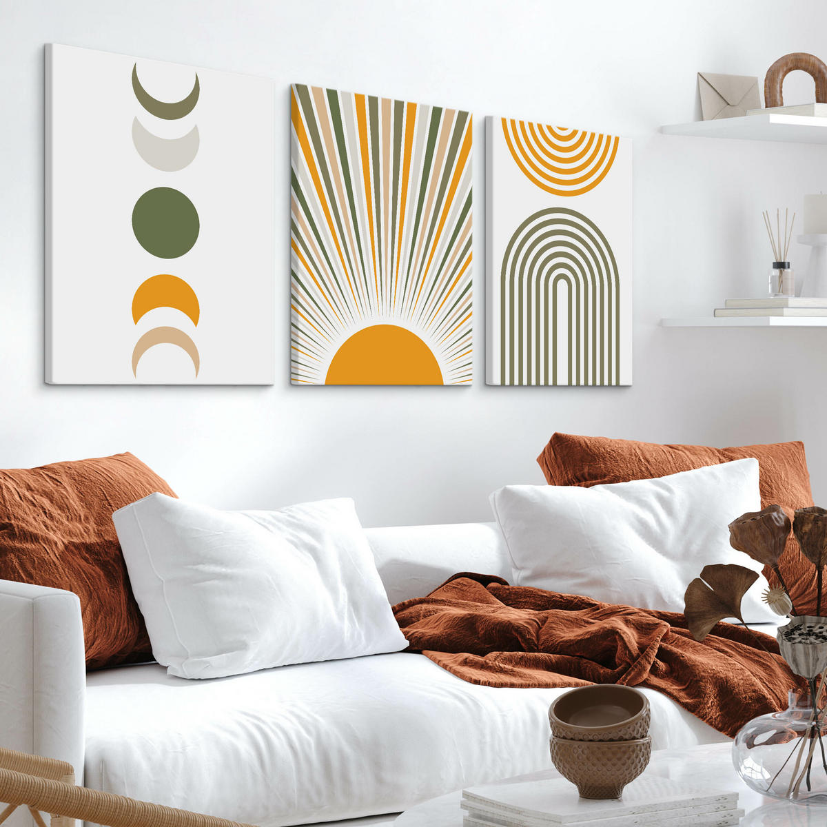 LEINWANDBILDER 3-es Set Geo-Muster Boho - Weiß/Orange, Textil (90/40cm) - Muralo