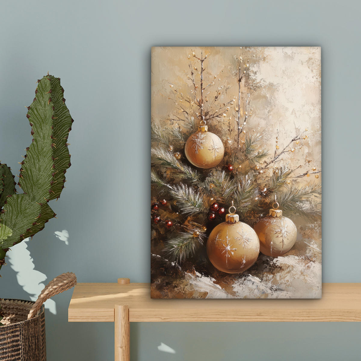 LEINWANDBILD Weihnachten - Kugeln - Beige - Gold Deko Wohnzimmer 20x30 cm - Goldfarben, Textil (20/30cm) - MuchoWow